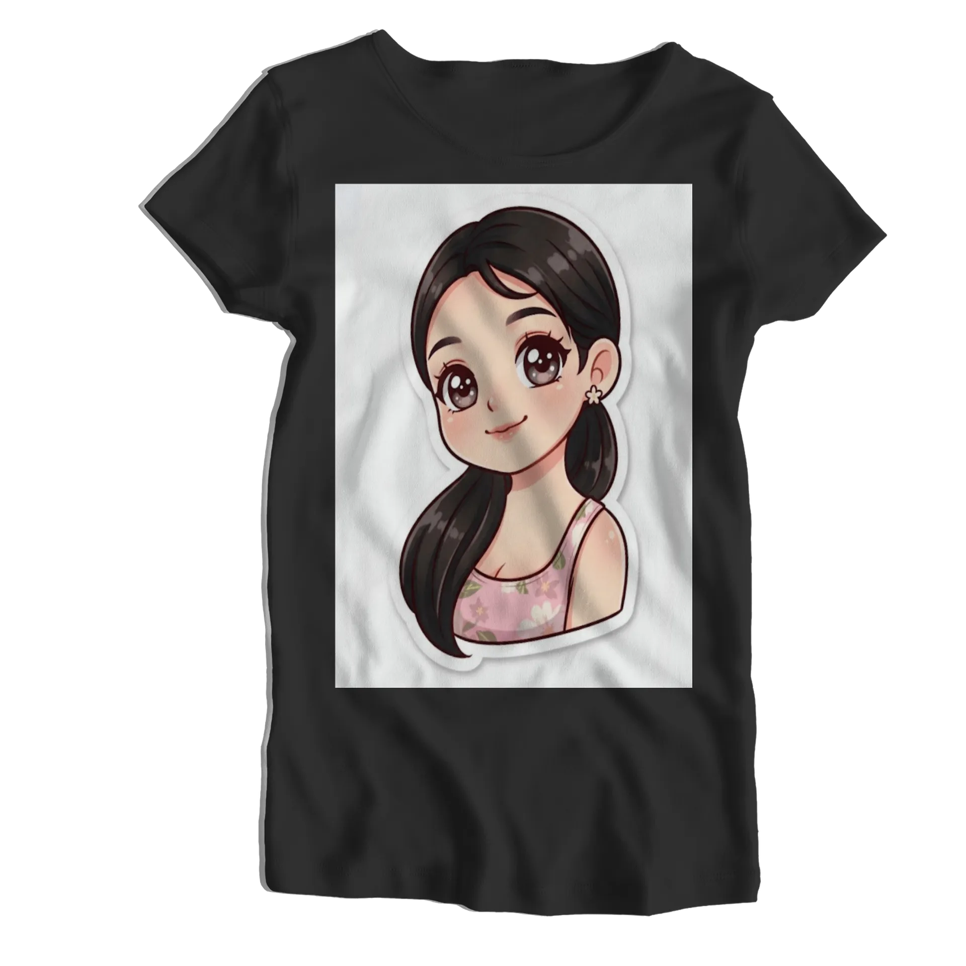 Camiseta Babylook Garota Cartoon Cabelo Preto Floral 100% - Imagem 1