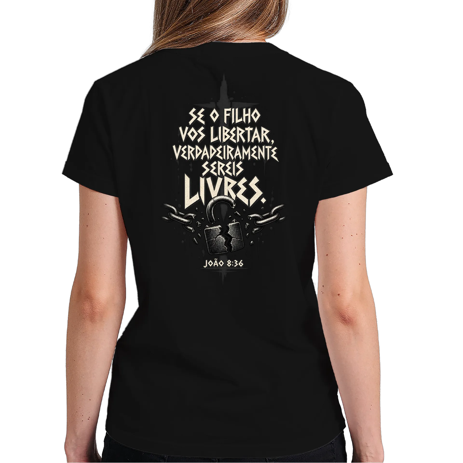 Camiseta Estampa Tipográfica Filho Vos Libertar João 8:36 de NARROW — imagem 5 de 6