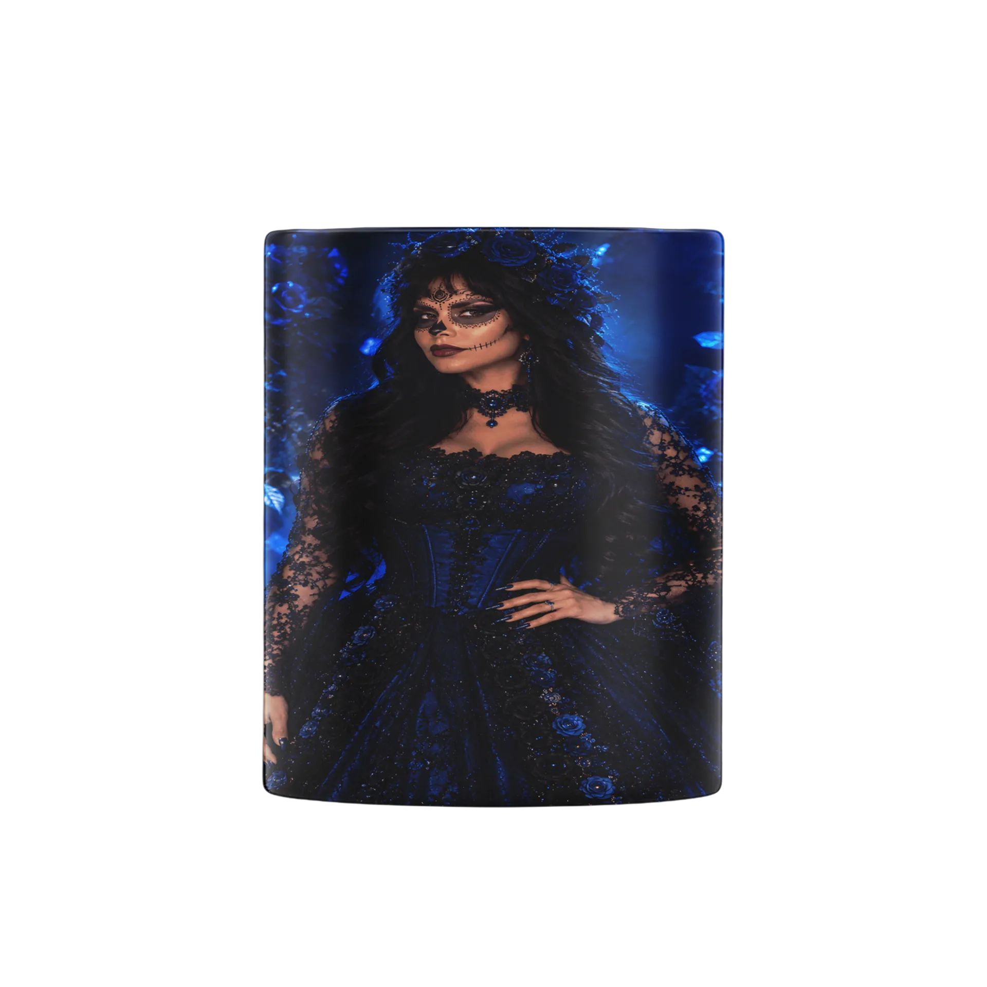 Caneca Mulher com Maquiagem de Caveira e Rosas Azuis 325ml - Imagem 2