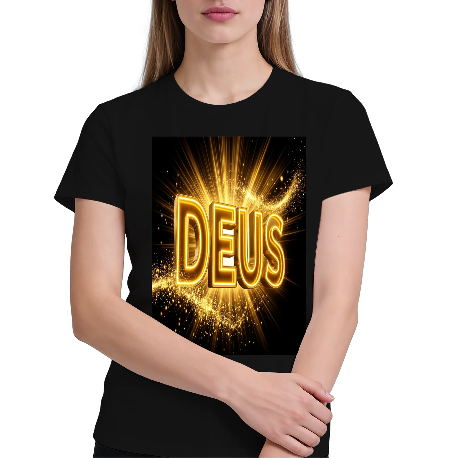 Camiseta Estampa Tipográfica Deus Dourado 100% Algodão - Imagem 3