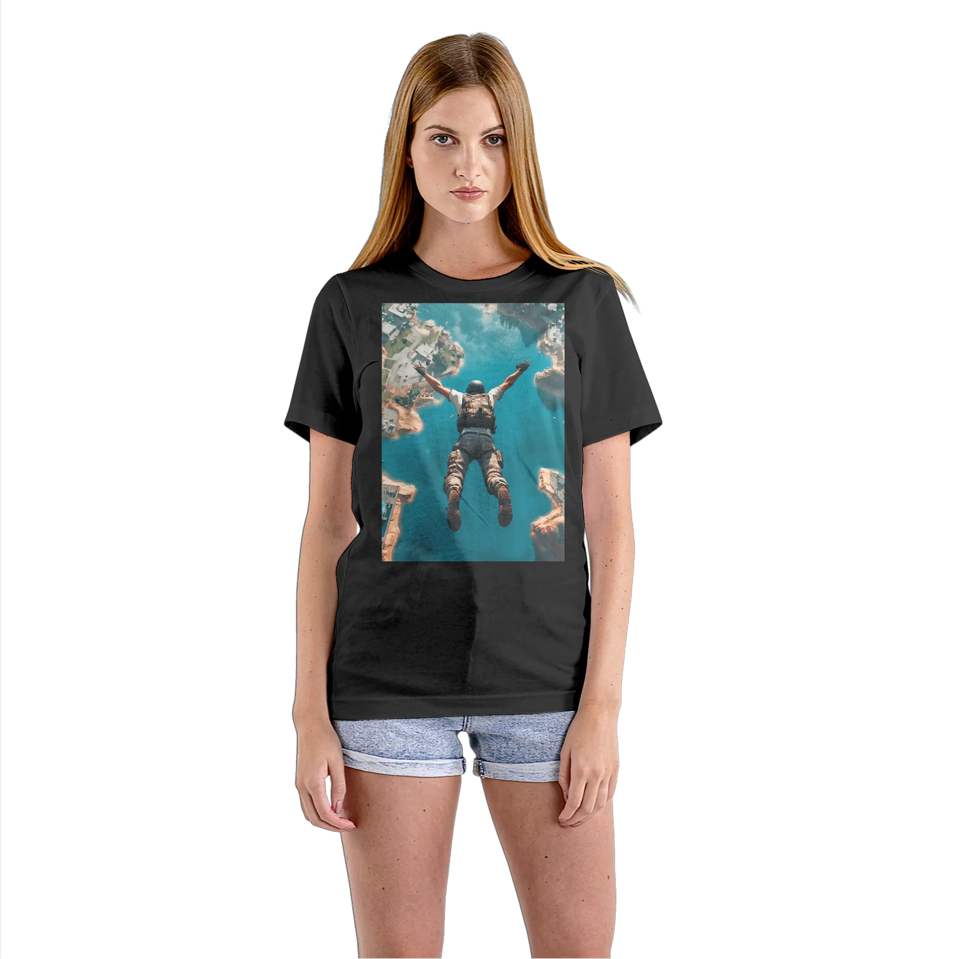 Camiseta Babylook Paraquedista Sobre Lago Azul 100% Algodão - Imagem 3