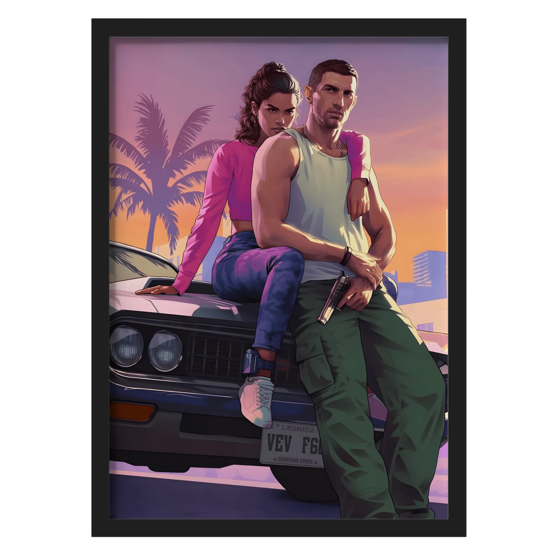 Quadro Casal Ilustração Carro Pôr do Sol A3 Com Vidro - Imagem 1