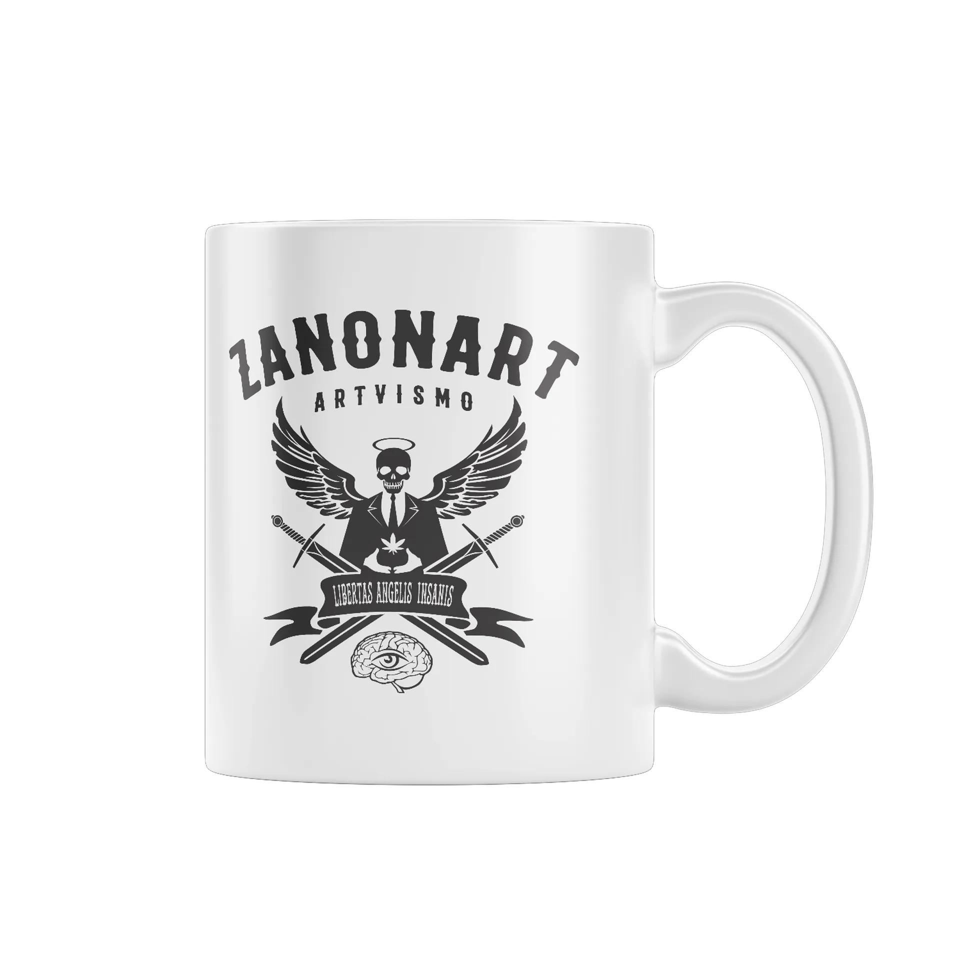 Caneca Porcelana Caveira com Asas e Espadas Branco - Imagem 1