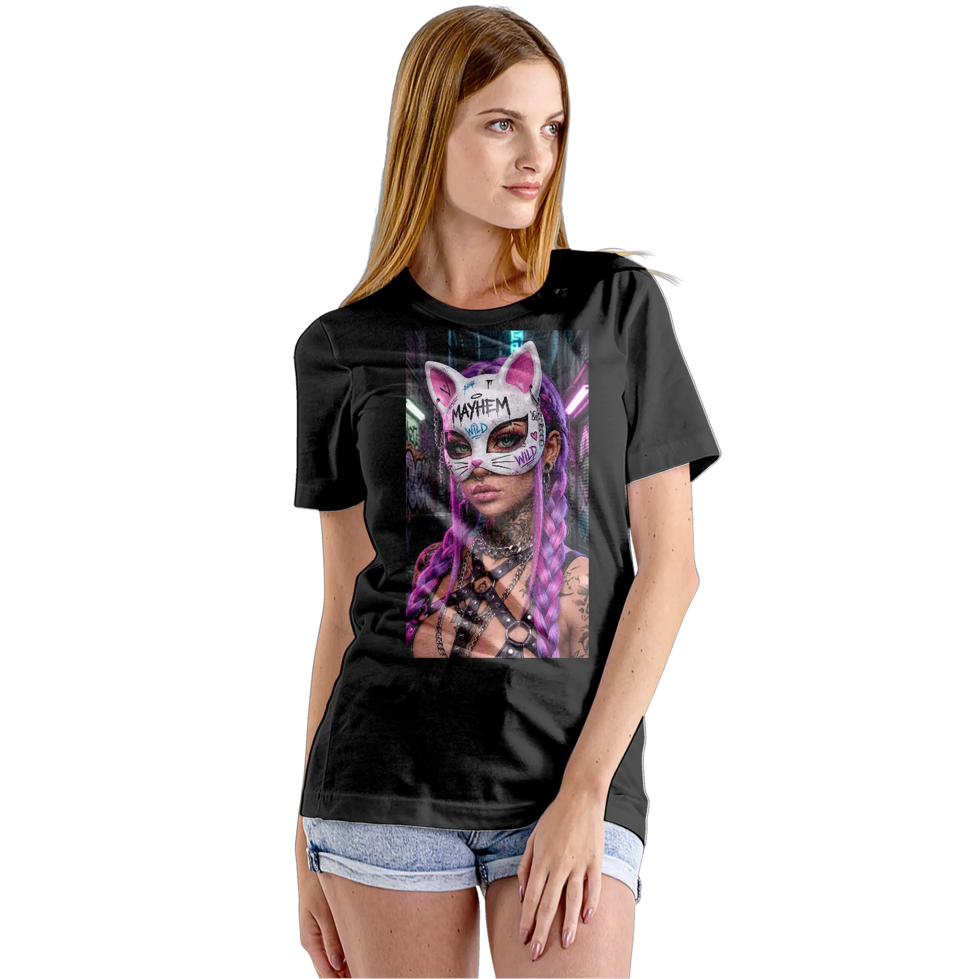 Camiseta Babylook Mulher com Máscara de Gato 100% Algodão - Imagem 5
