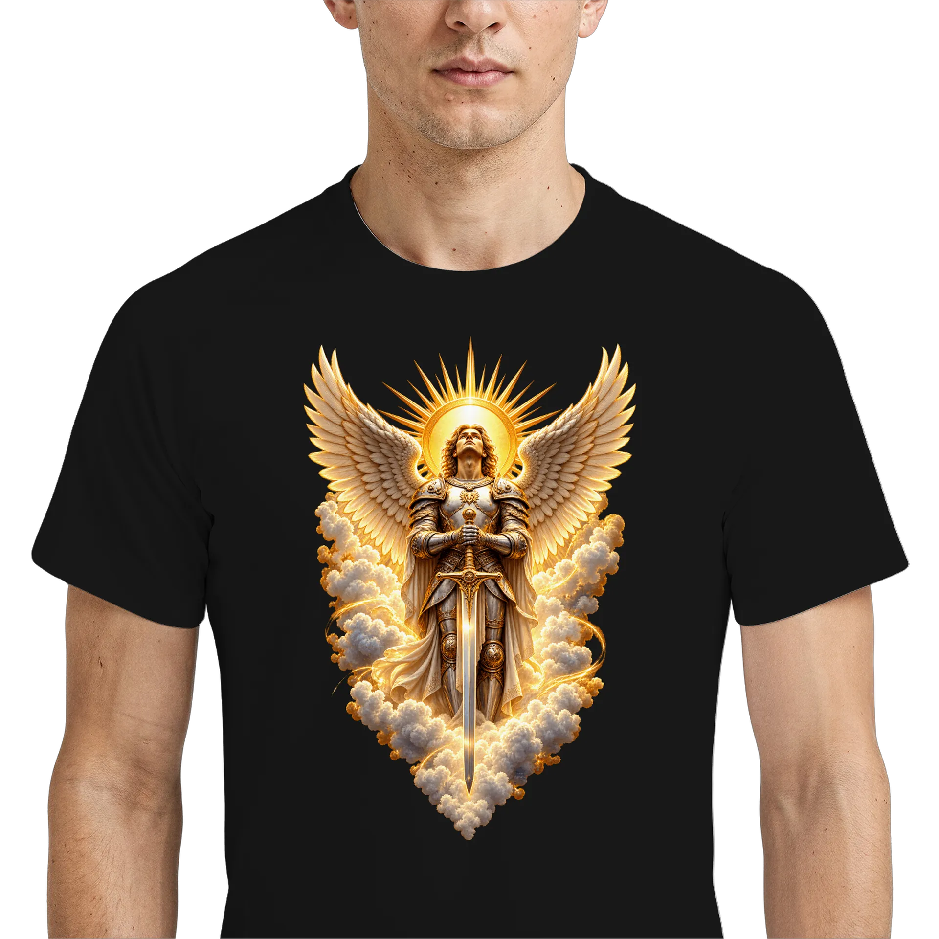 Camiseta Dry Fit Anjo Guerreiro com Asas Douradas Unissex - Imagem 4