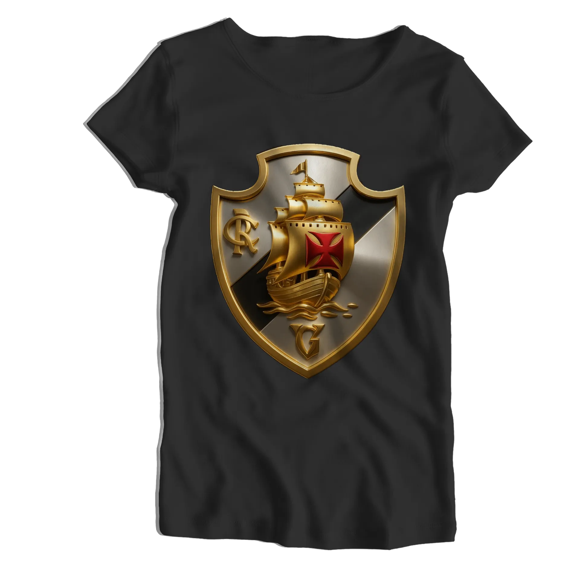 Camiseta Babylook Escudo com Navio Dourado 100% Algodão - Imagem 1