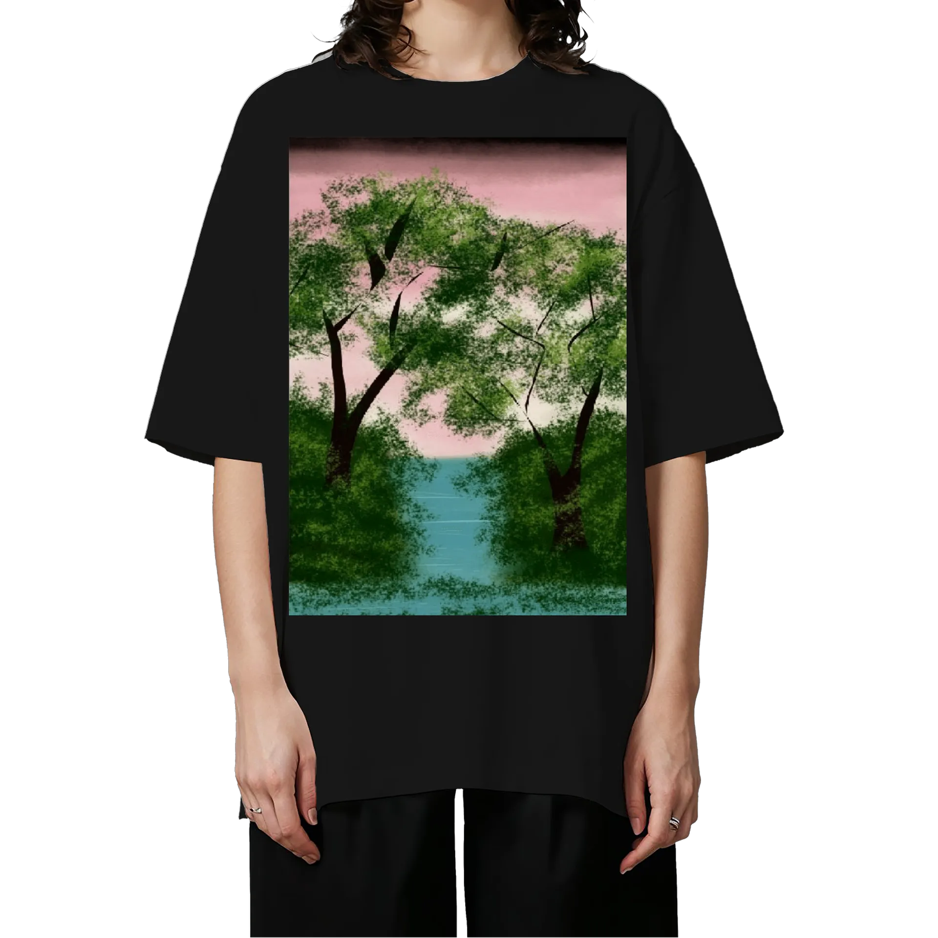 Camiseta Oversized Paisagem de Floresta com Lago Retrô - Imagem 3