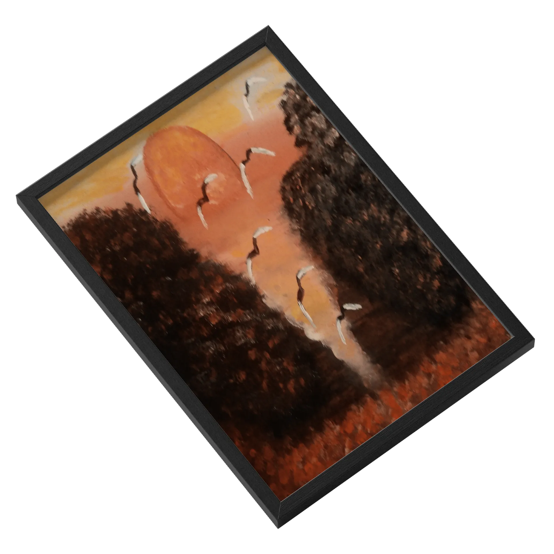 Quadro Paisagem Pintada com Sol e Aves A3 com Vidro - Imagem 2