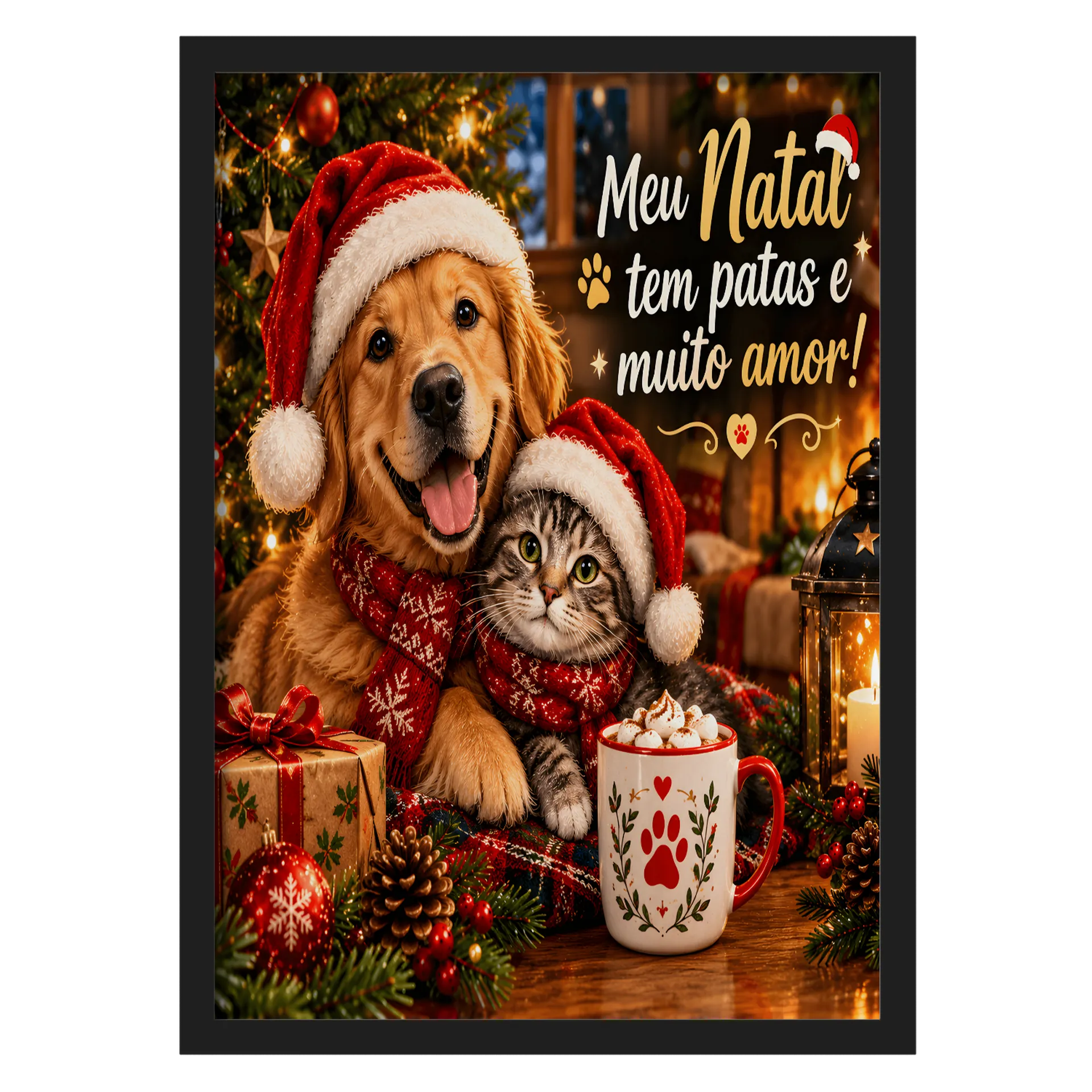 Quadro Cachorro e Gato no Natal com Frase A3 - Imagem 1