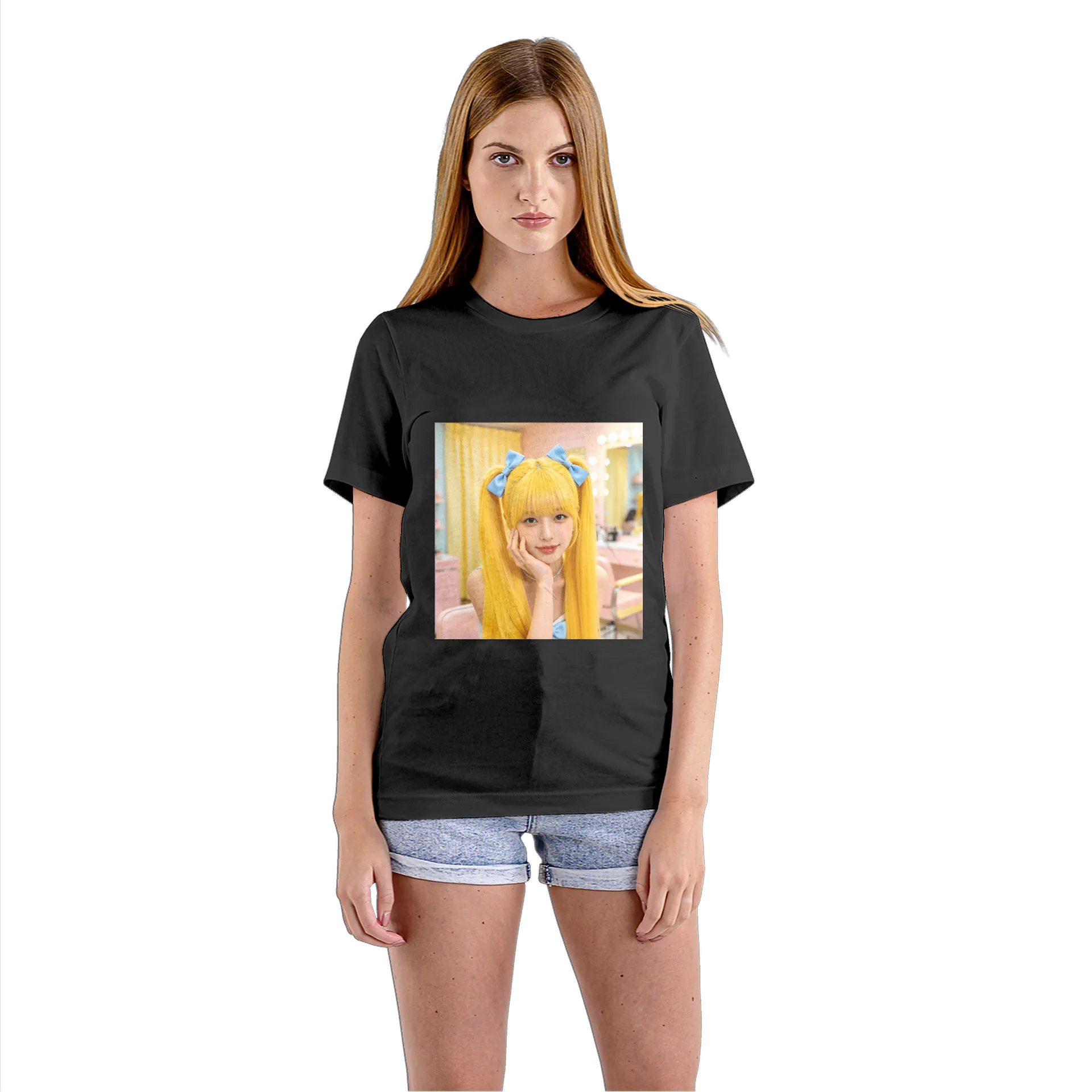 Camiseta Babylook Retrato Fotográfico Mulher Laços Azuis - Imagem 3