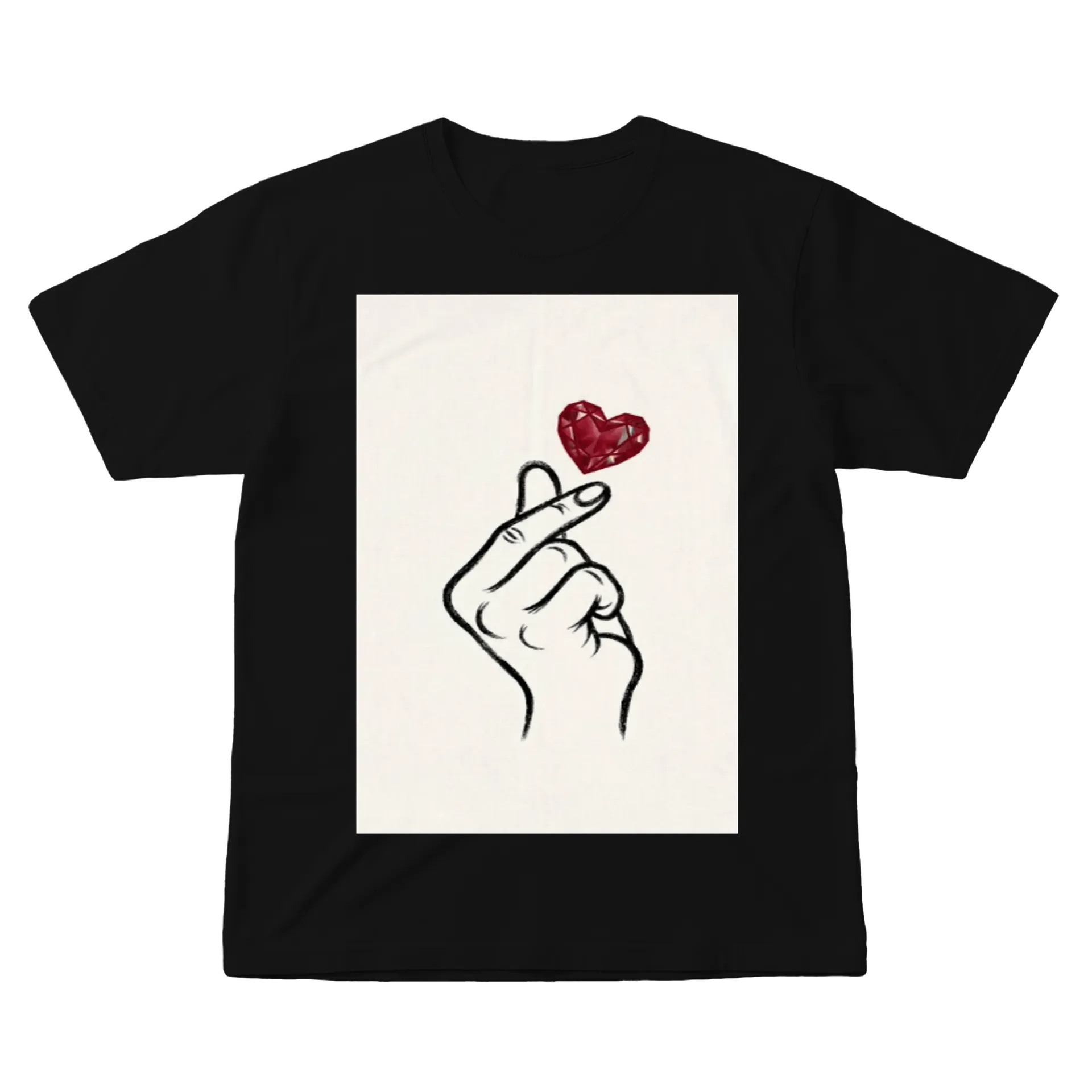 Camiseta Mão Fazendo Coração com Joia Vermelha 100% Algodão - Imagem 1