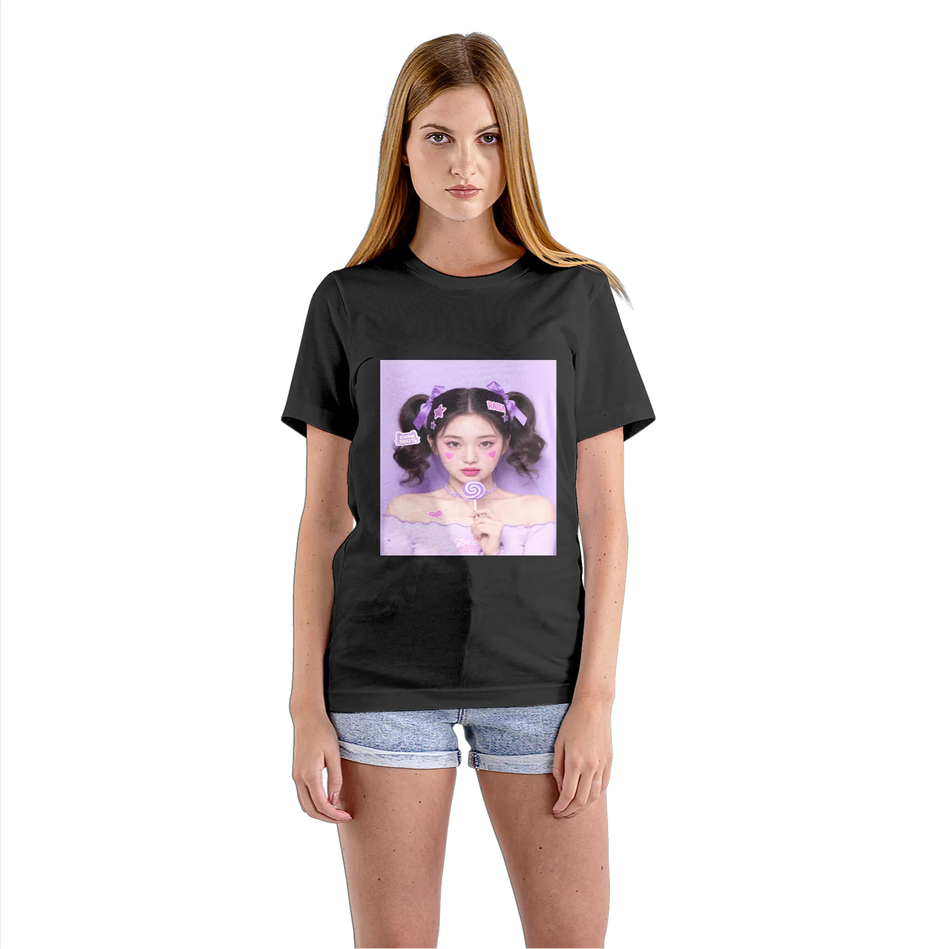 Camiseta Babylook Retrato Pop Laços Roxos 100% Algodão - Imagem 3