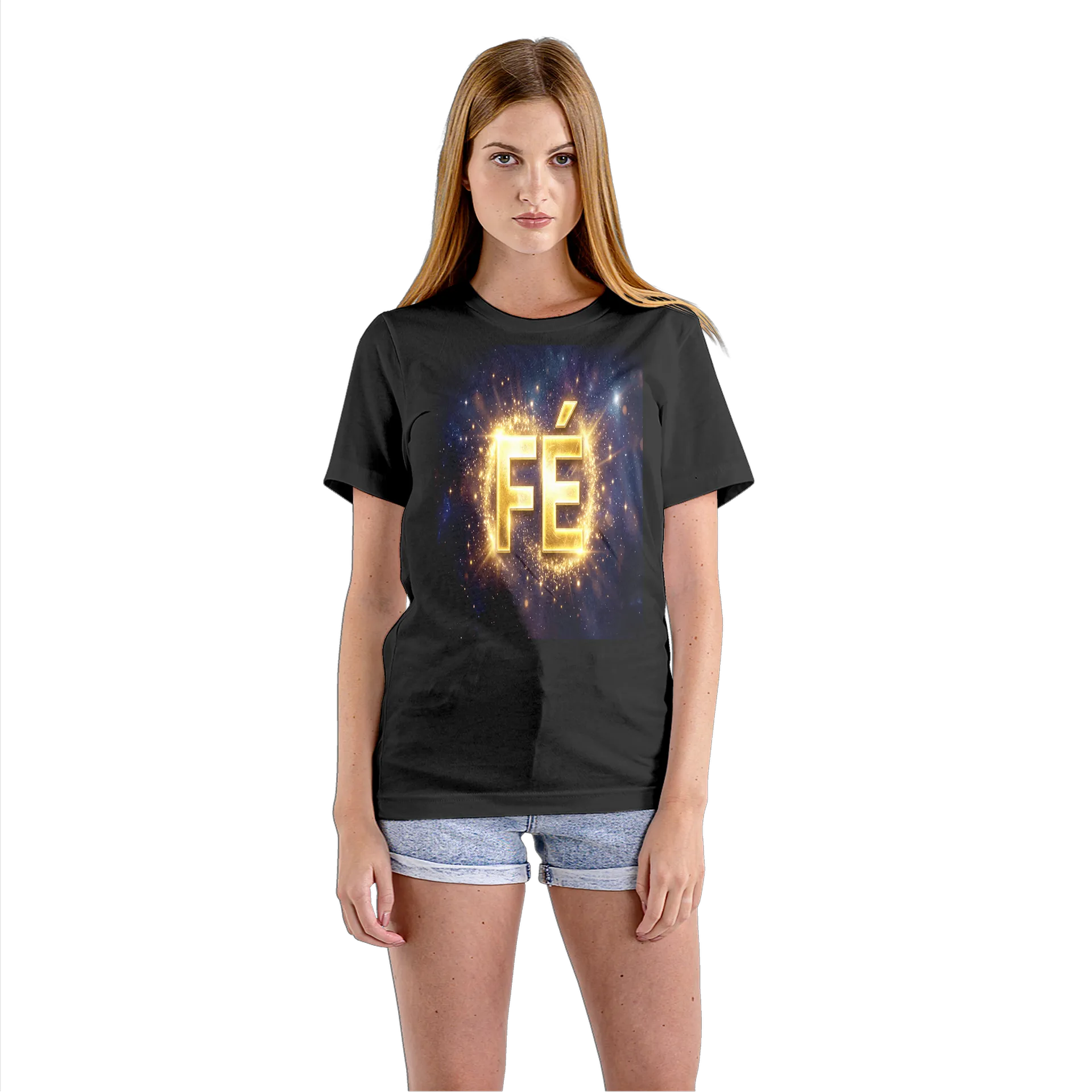 Camiseta Babylook Logo FE Dourado Estrelas Cósmicas 100% - Imagem 3