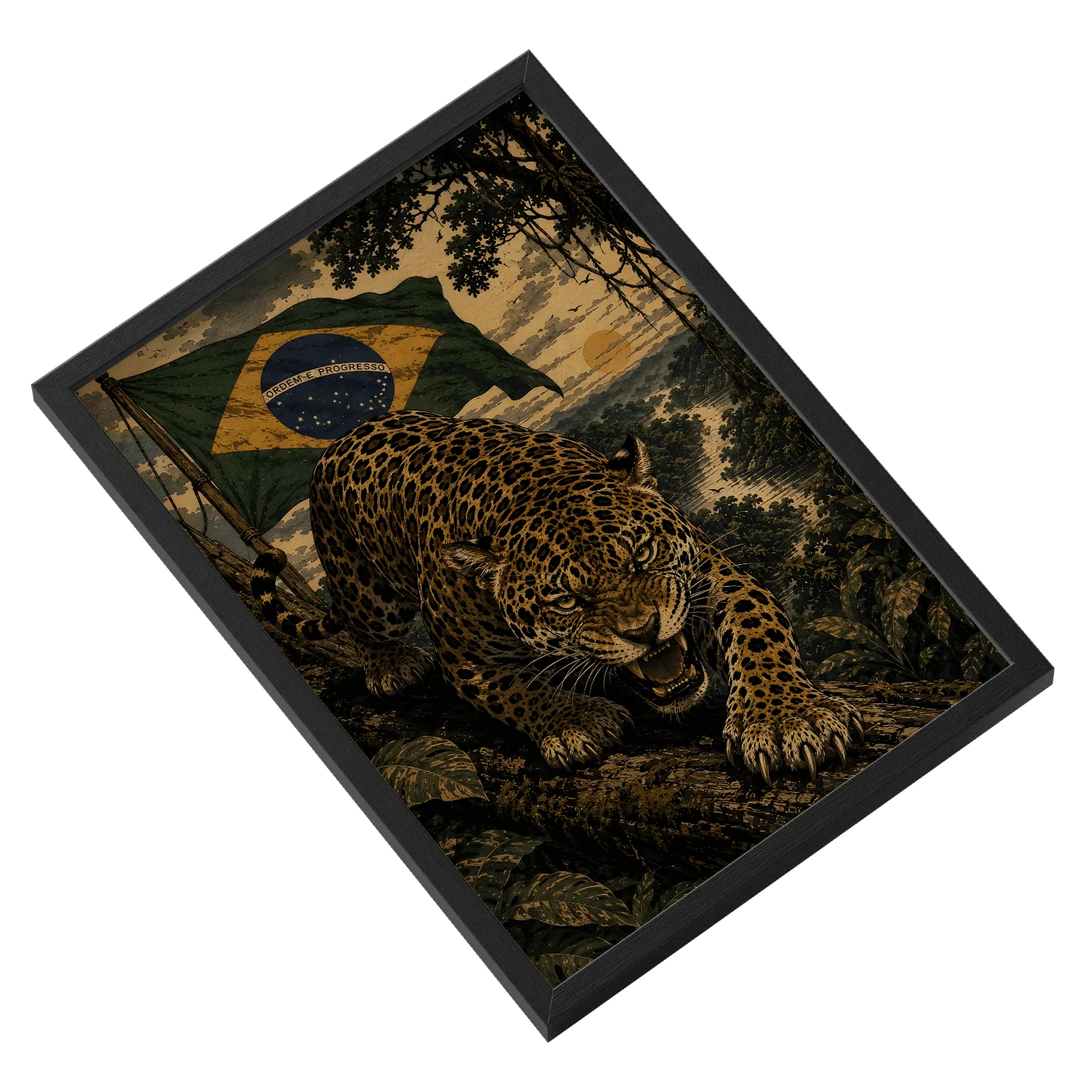Quadro Onça-pintada Bandeira do Brasil Arte Realista A3 - Imagem 2