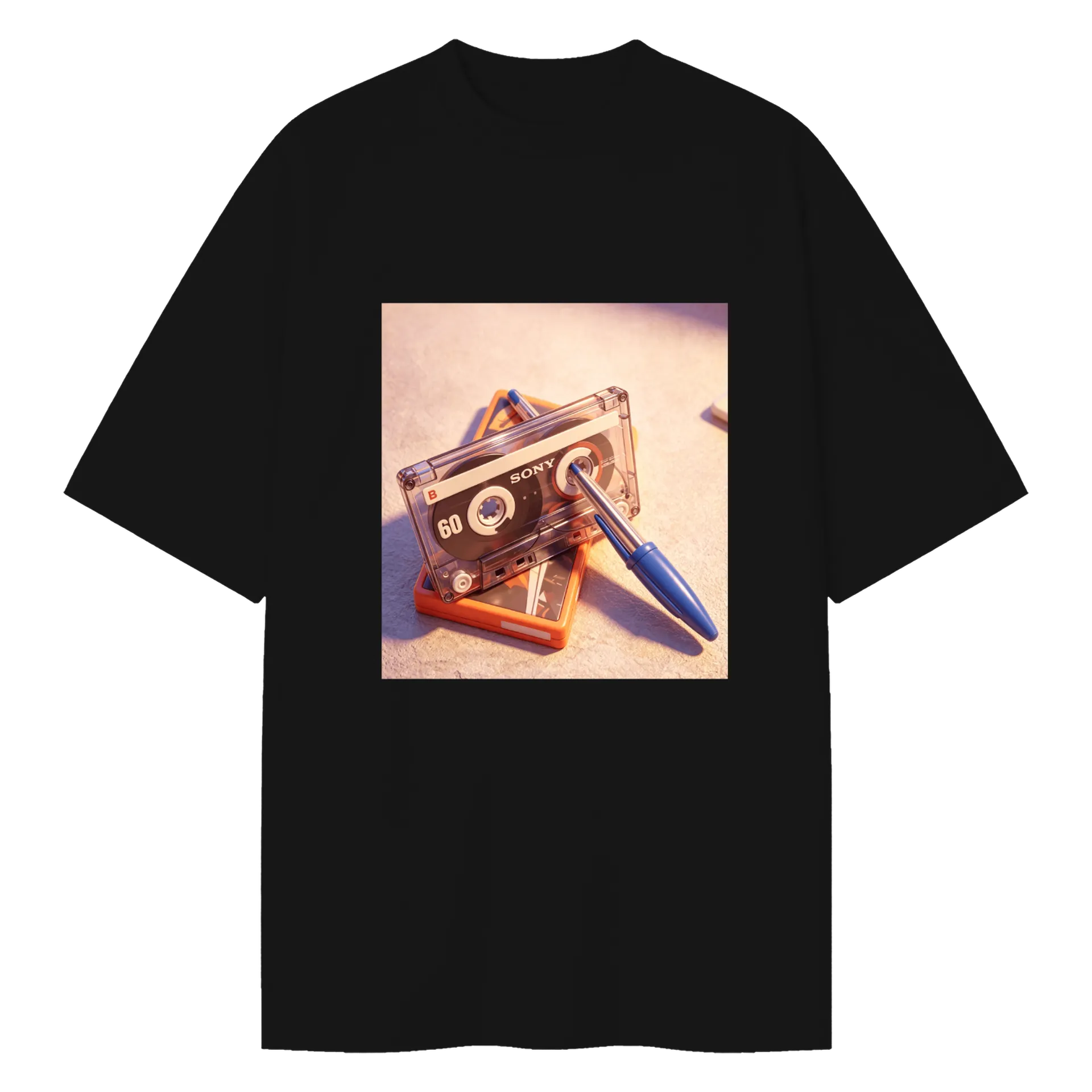 Camiseta Oversized Cassette Tape Estampa Neon Preto 100% - Imagem 1