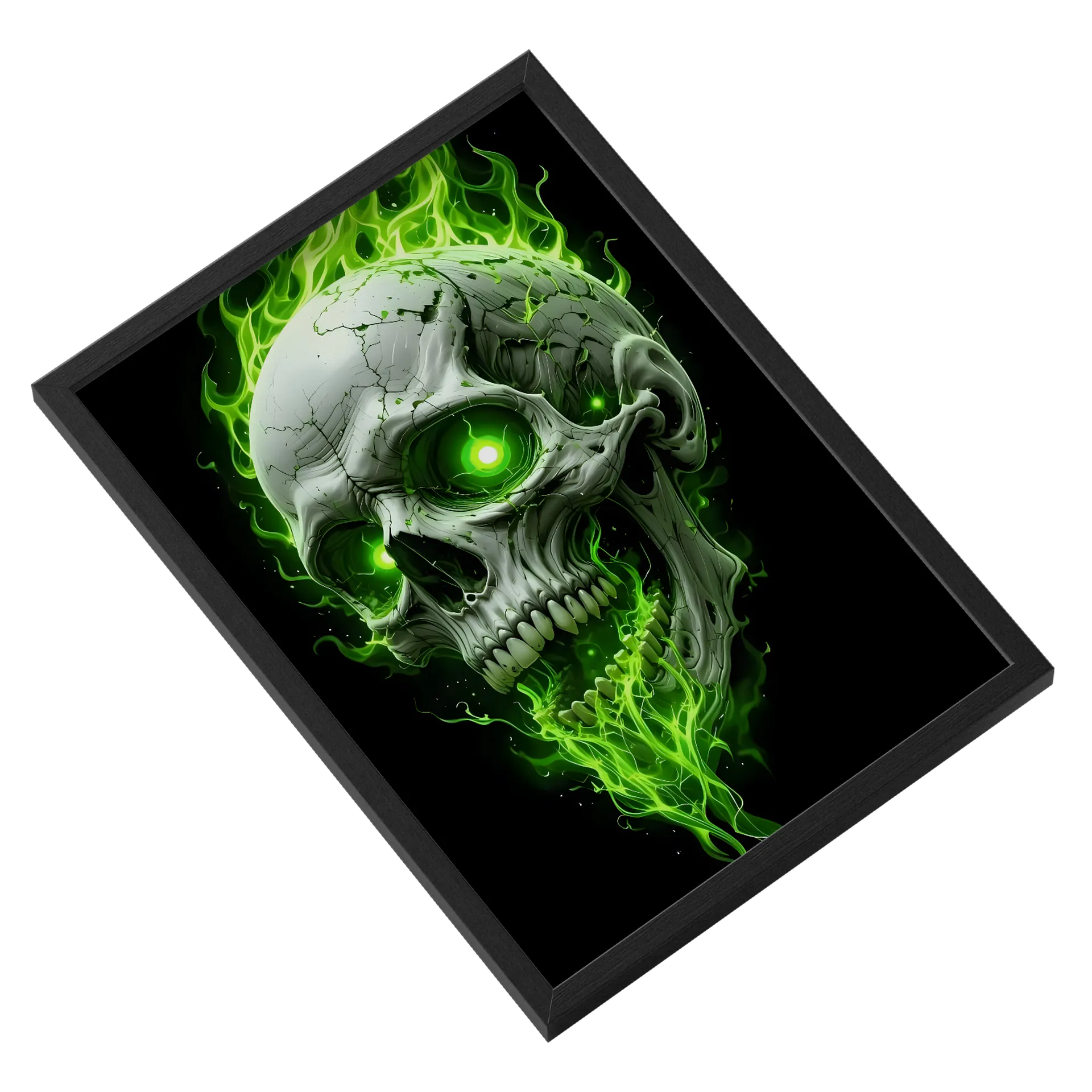 Quadro Caveira Realista Chamas Verdes A3 com Vidro - Imagem 2