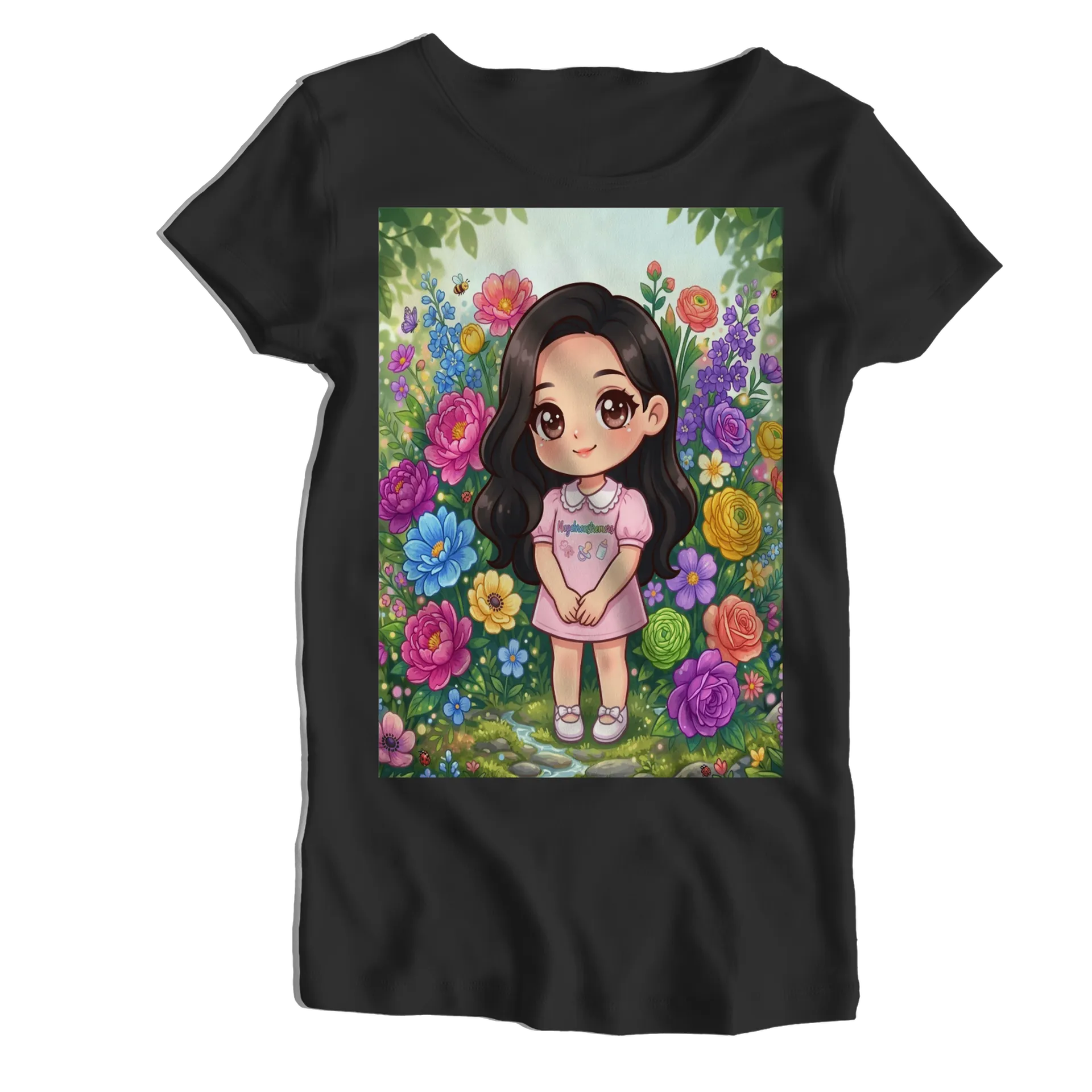 Camiseta Babylook Menina Chibi Jardim de Flores 100% Algodão - Imagem 1