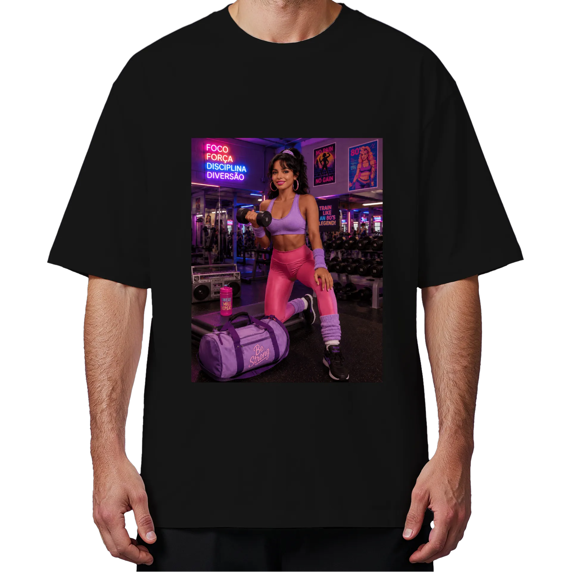 Camiseta Oversized Estampa Academia Neon Lilás Rosa Preto - Imagem 4