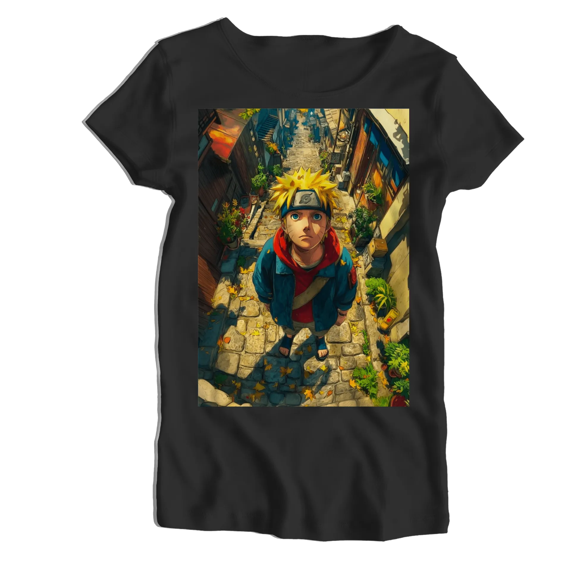 Camiseta Babylook Naruto em Rua Anime Colorido 100% Algodão - Imagem 1