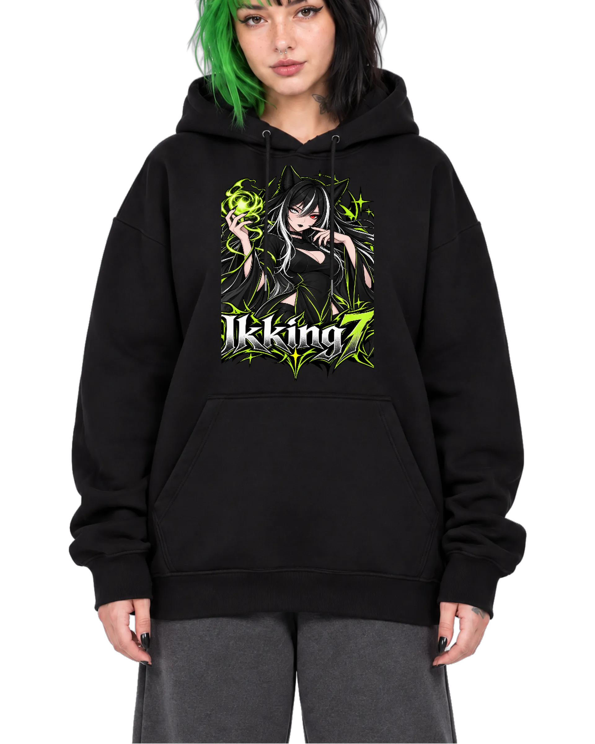 Blusa Moletom Canguru Garota Anime Gato Preto com Verde - Imagem 1