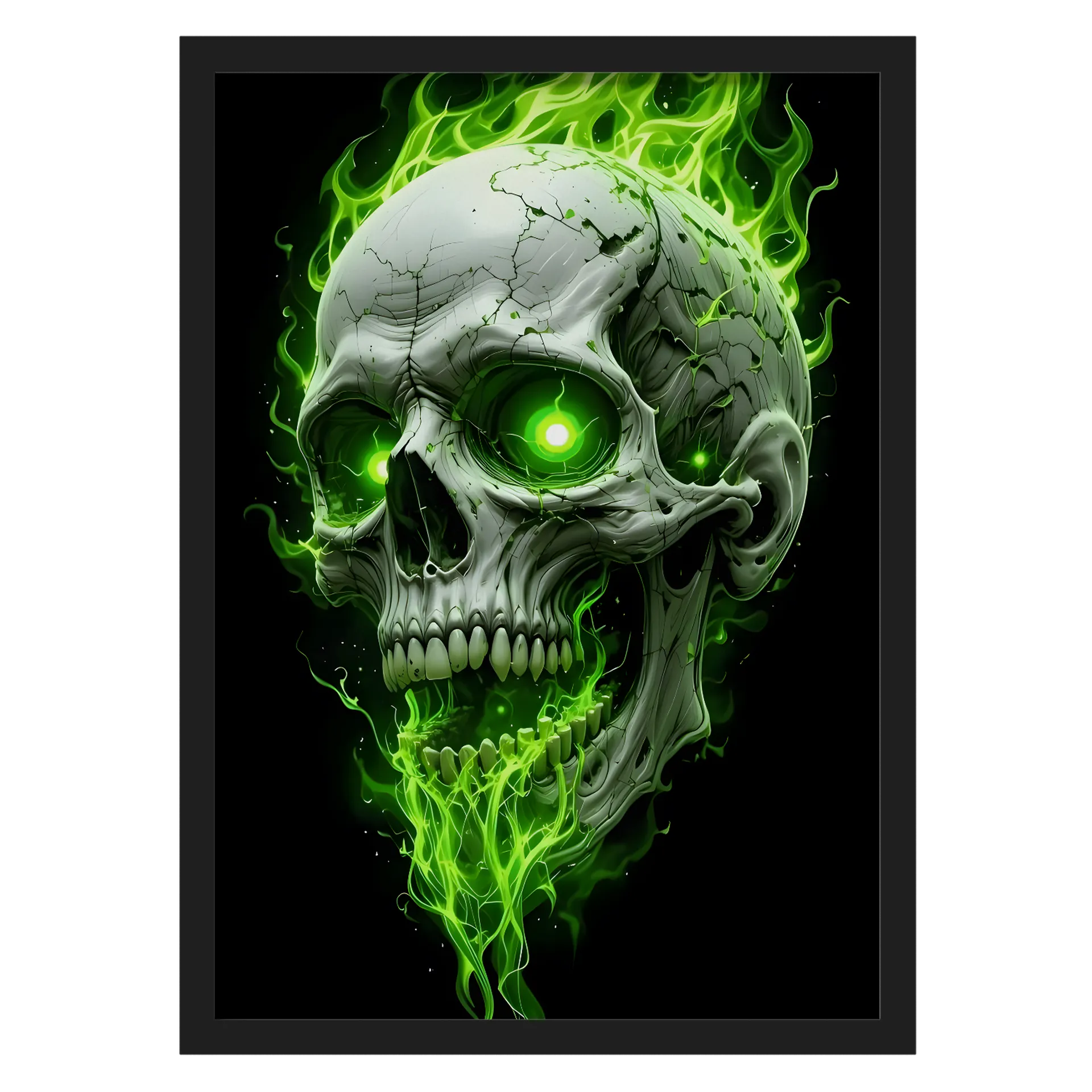 Quadro Caveira Realista Chamas Verdes A3 com Vidro - Imagem 1