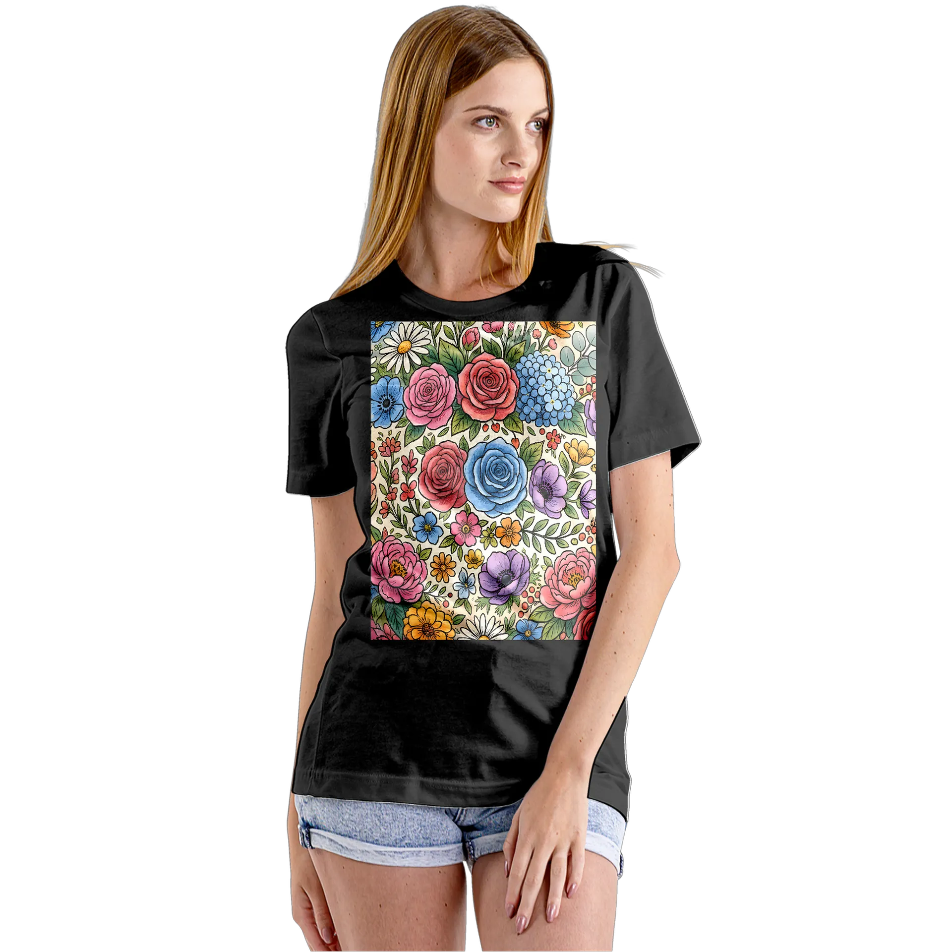Camiseta Babylook Estampa Floral Rosas Coloridas 100% - Imagem 5