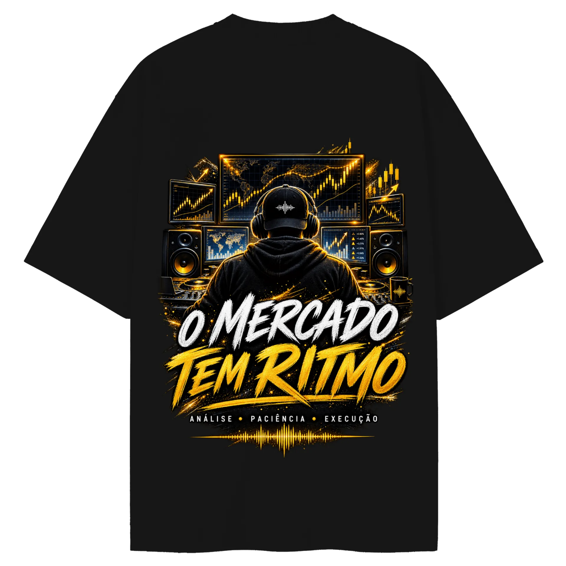 Camiseta Oversized O Mercado Tem Ritmo Estampa Design Preto - Imagem 2
