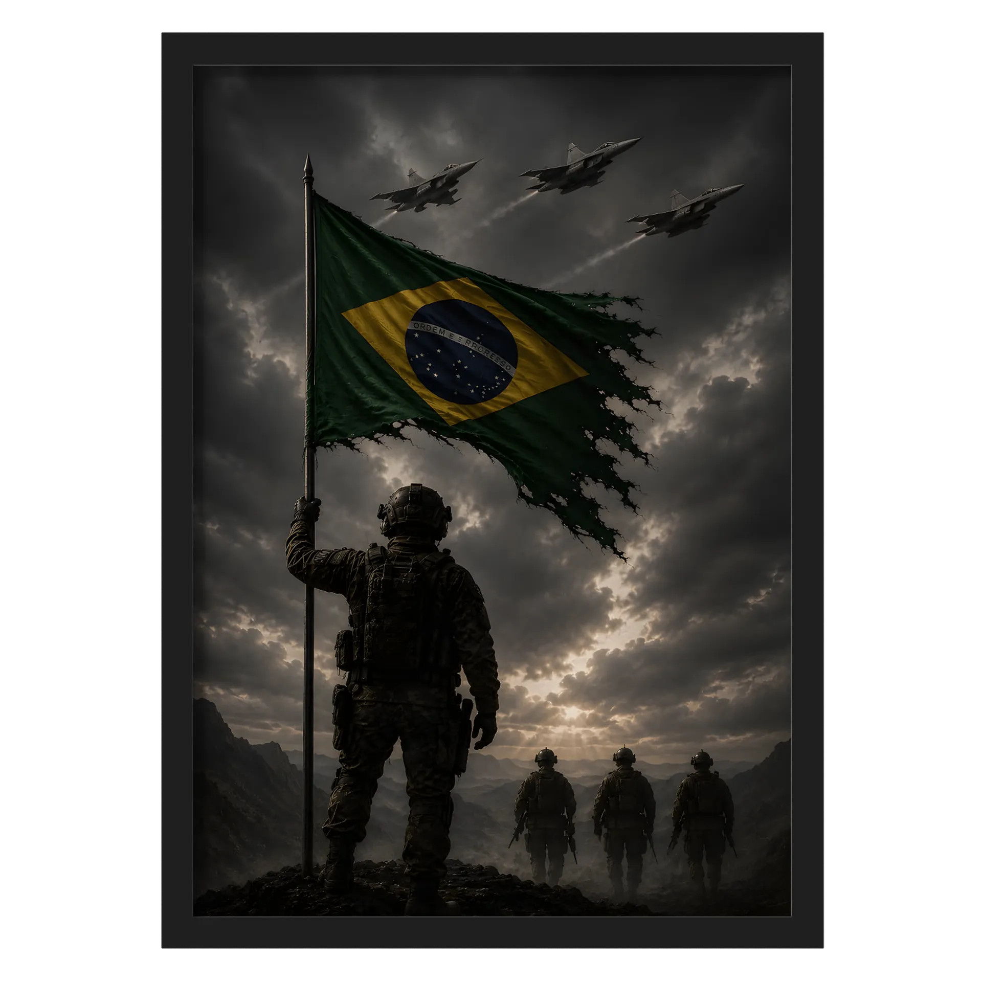Quadro Bandeira do Brasil com Soldados e Caças A3 - Imagem 1