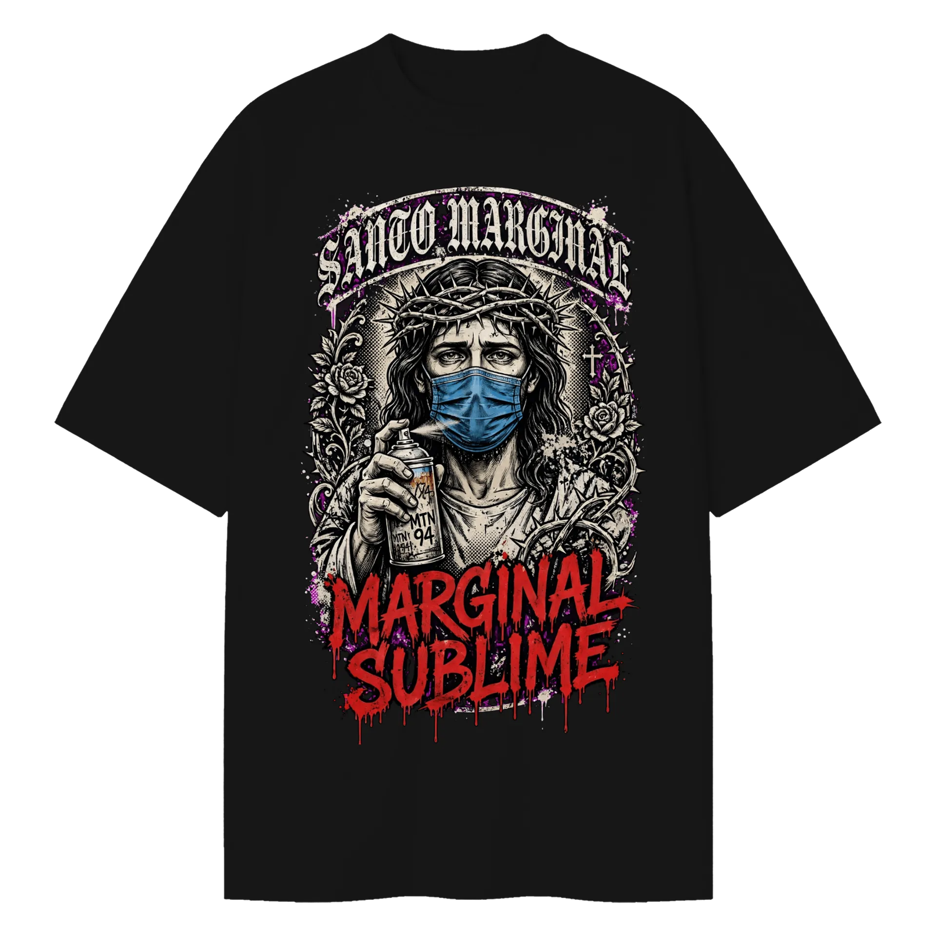 Camiseta Oversized Jesus de Máscara e Arte Grunge Marginal - Imagem 1