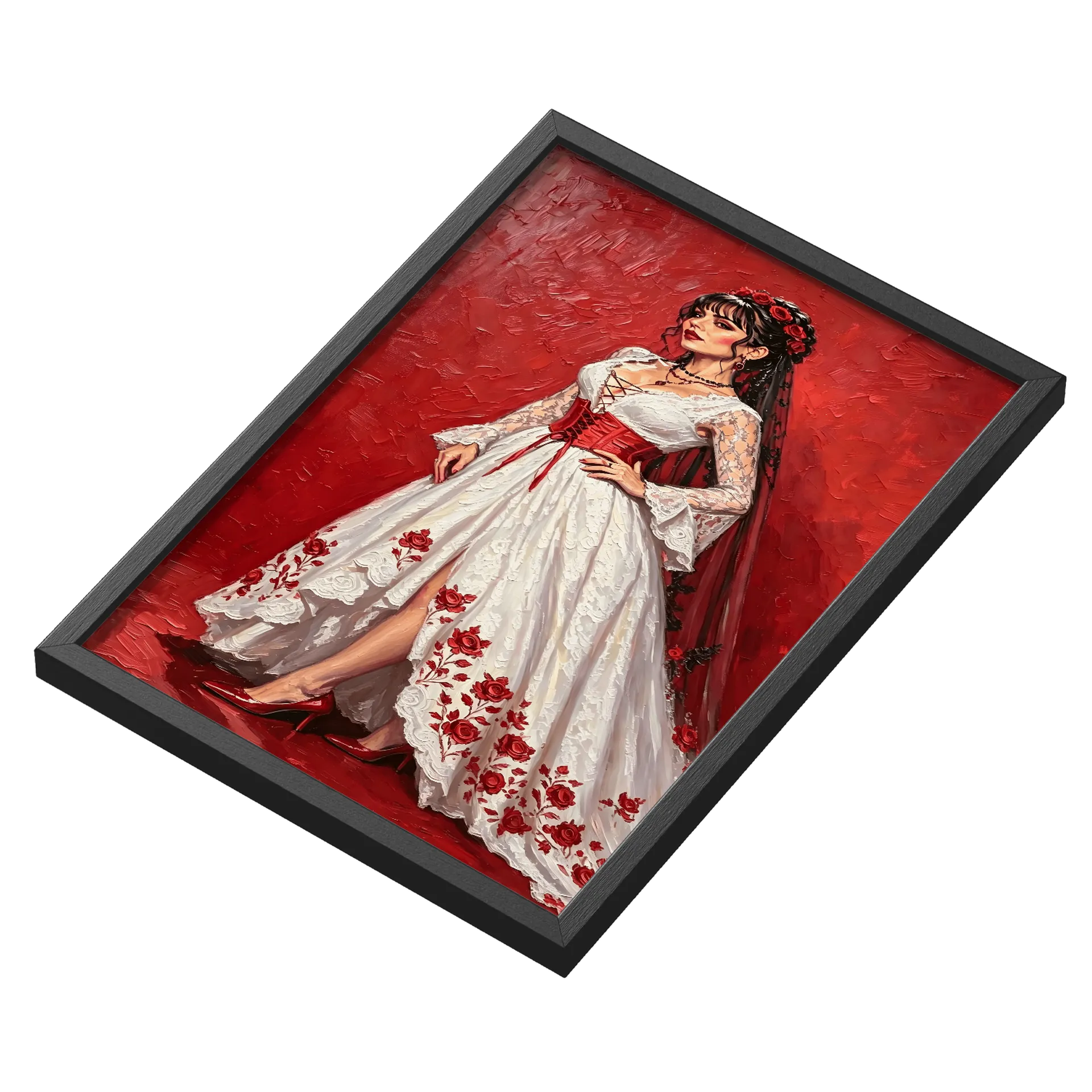 Quadro Mulher Vestida Vermelha Florido Laço A3 MDF e Vidro - Imagem 3