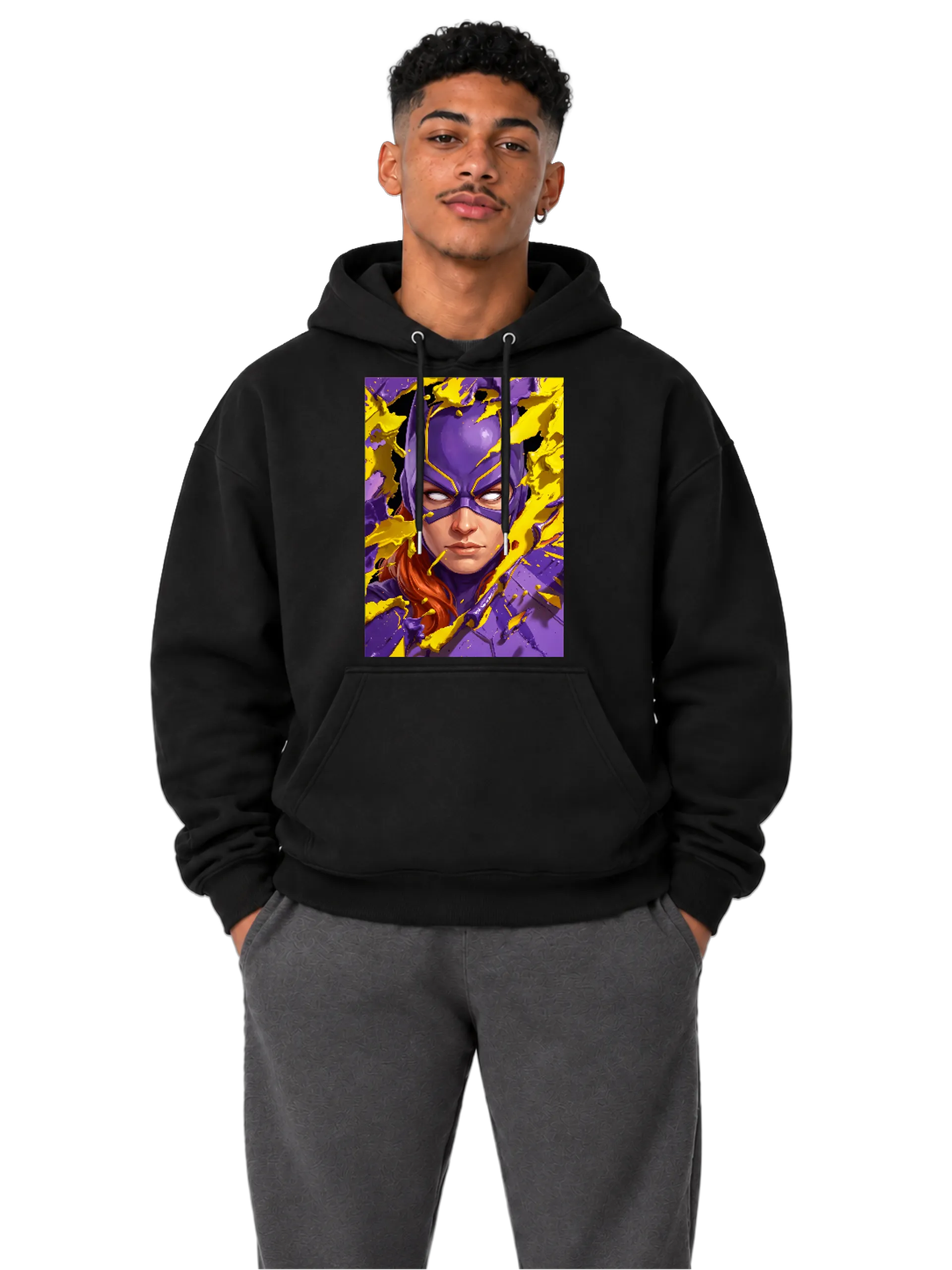 Blusa Moletom Heroína Mascarada Roxa e Amarela Canguru - Imagem 3