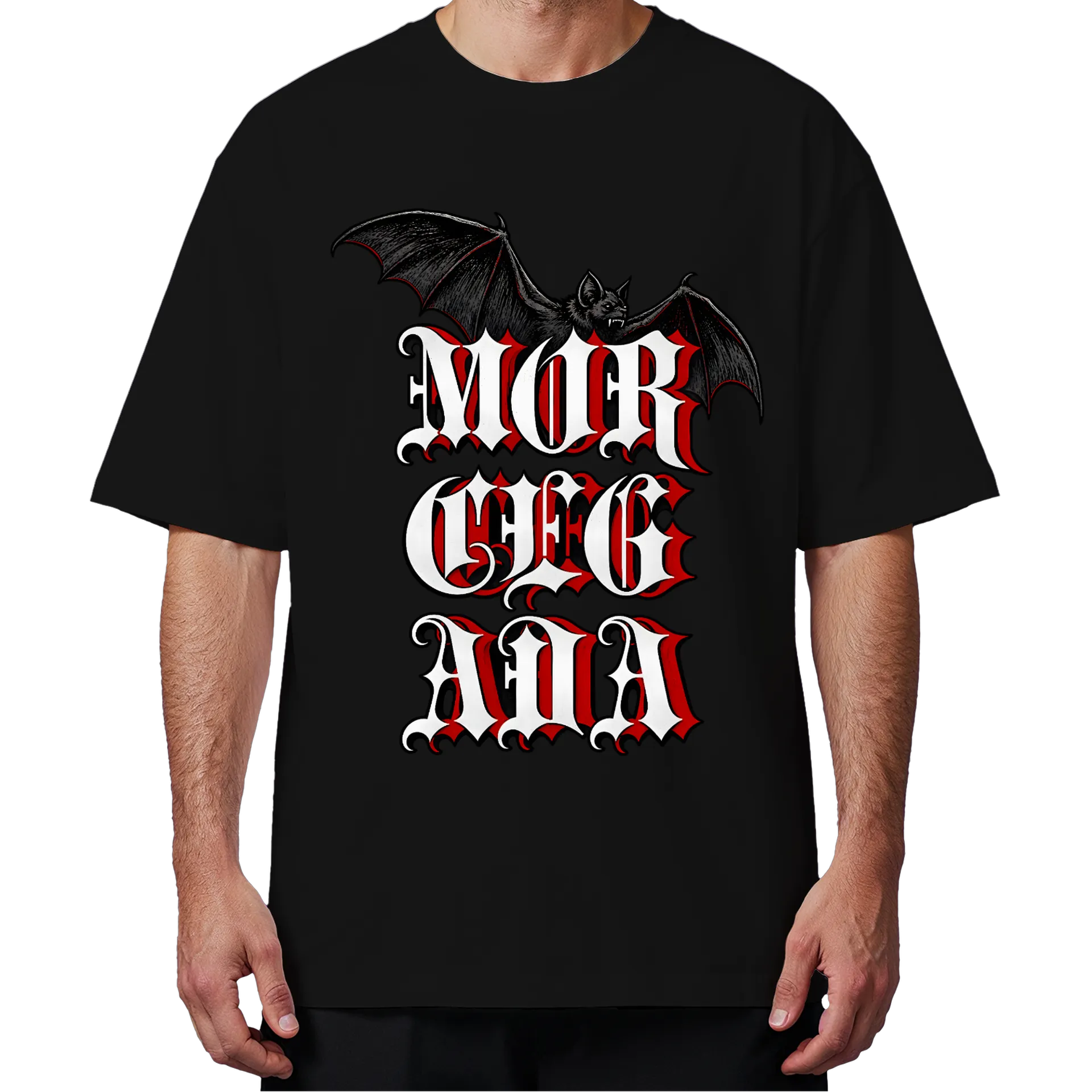 Camiseta Oversized Morcegos Tipografia Gótica Vermelha  - Imagem 1