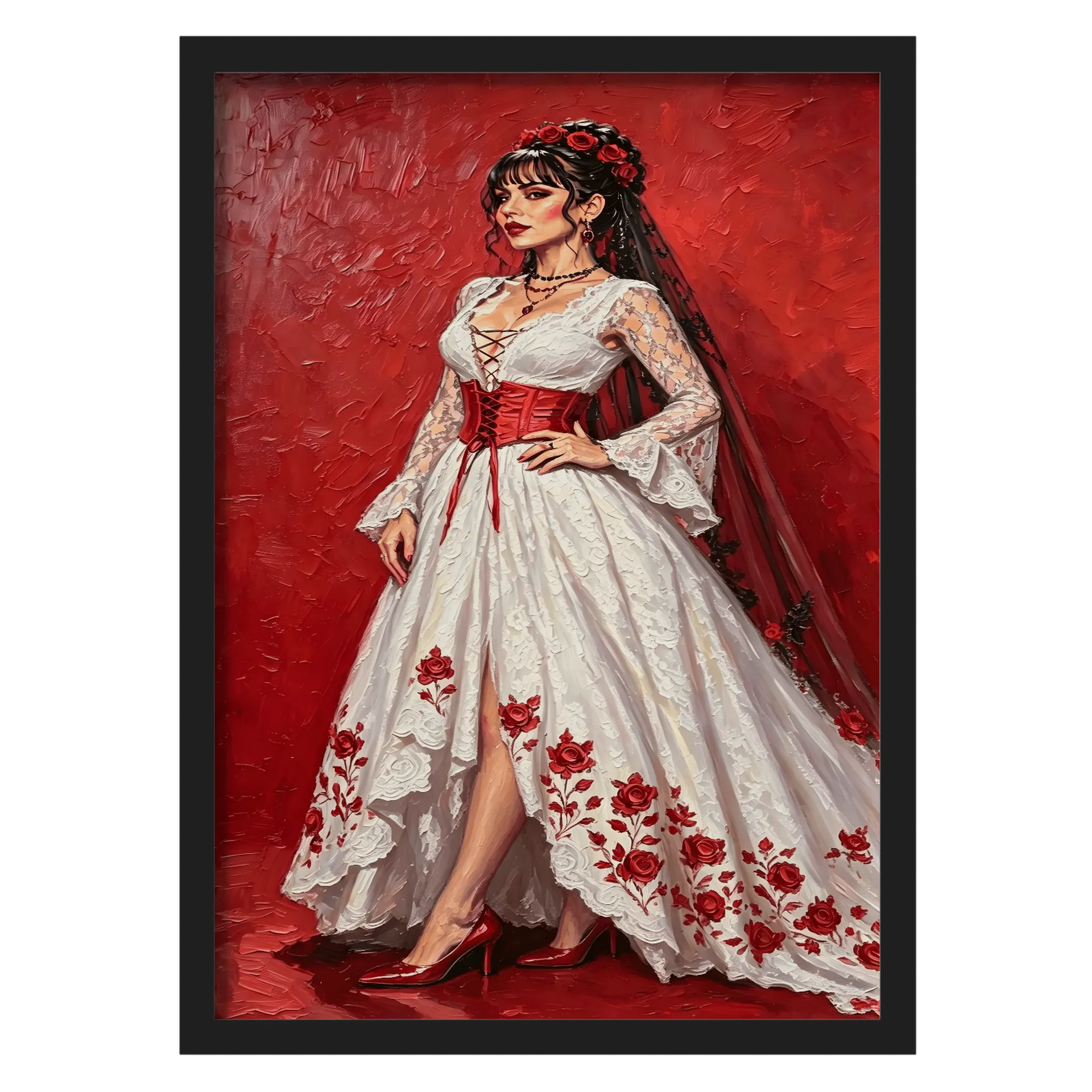 Quadro Mulher Vestida Vermelha Florido Laço A3 MDF e Vidro - Imagem 1