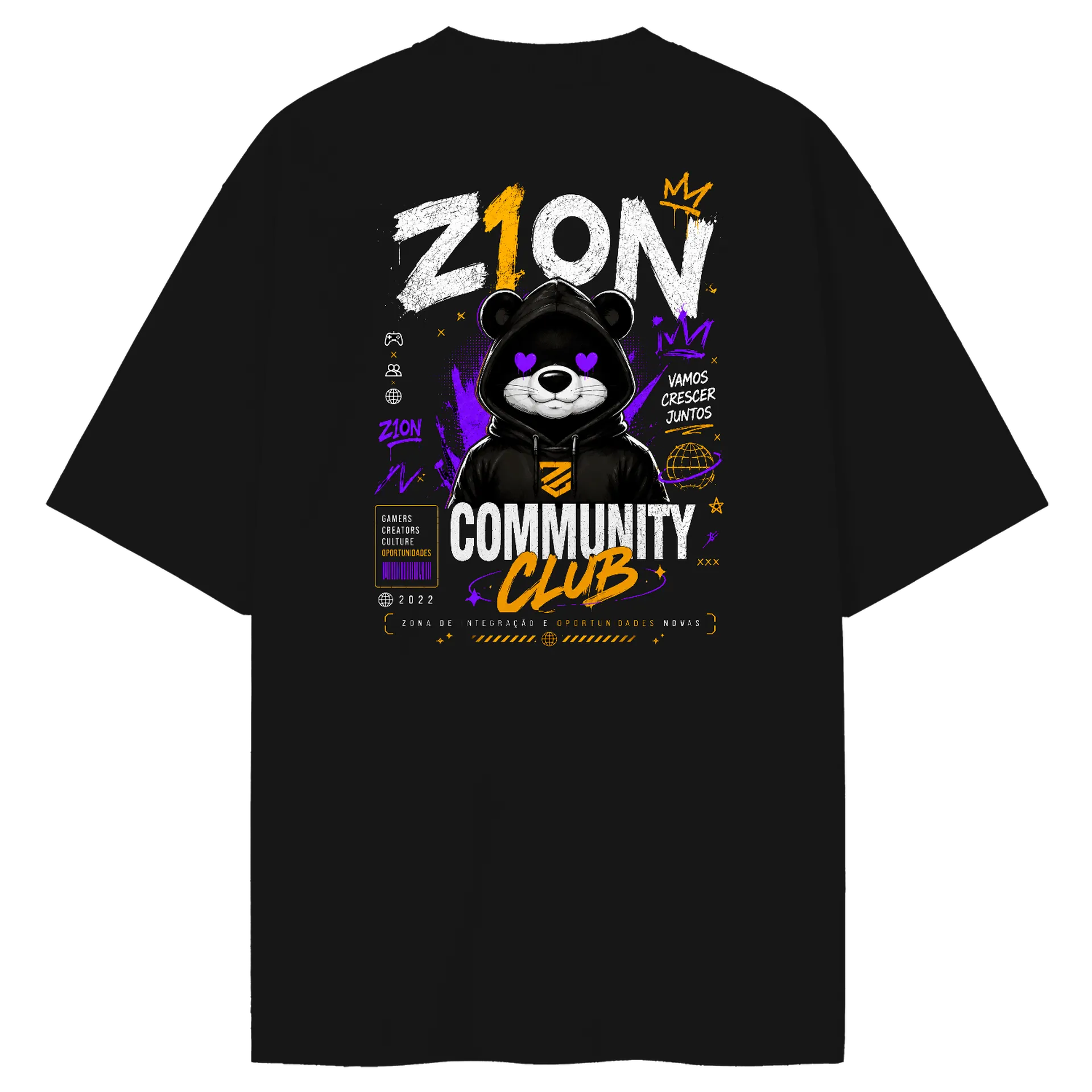 Camiseta Oversized Urso com Capuz Preto 100% Algodão de Z1ON