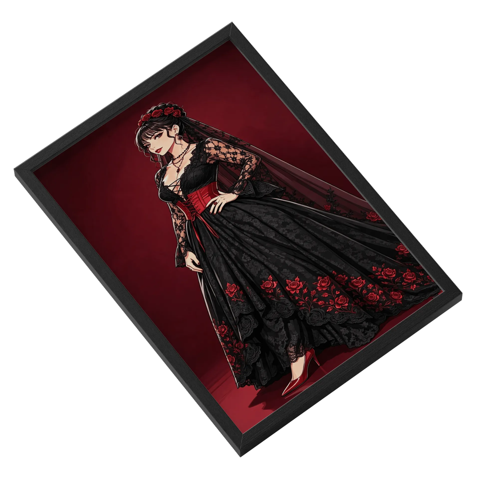 Quadro Vestido Preto Com Detalhes Vermelhos A3 com Vidro - Imagem 2