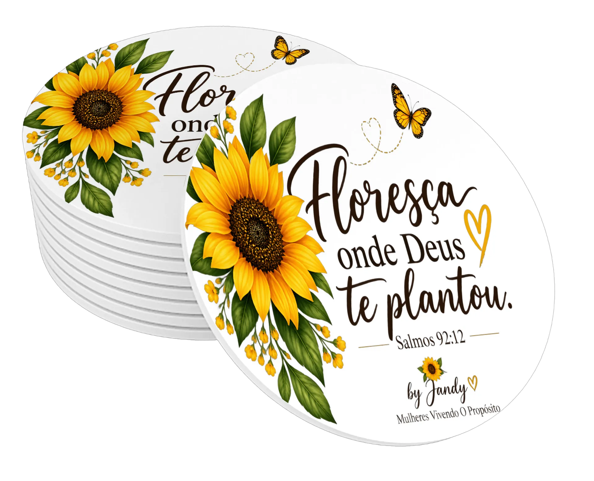 Porta-copo Girassol Borboleta Frase Floresça MDF - Imagem 1