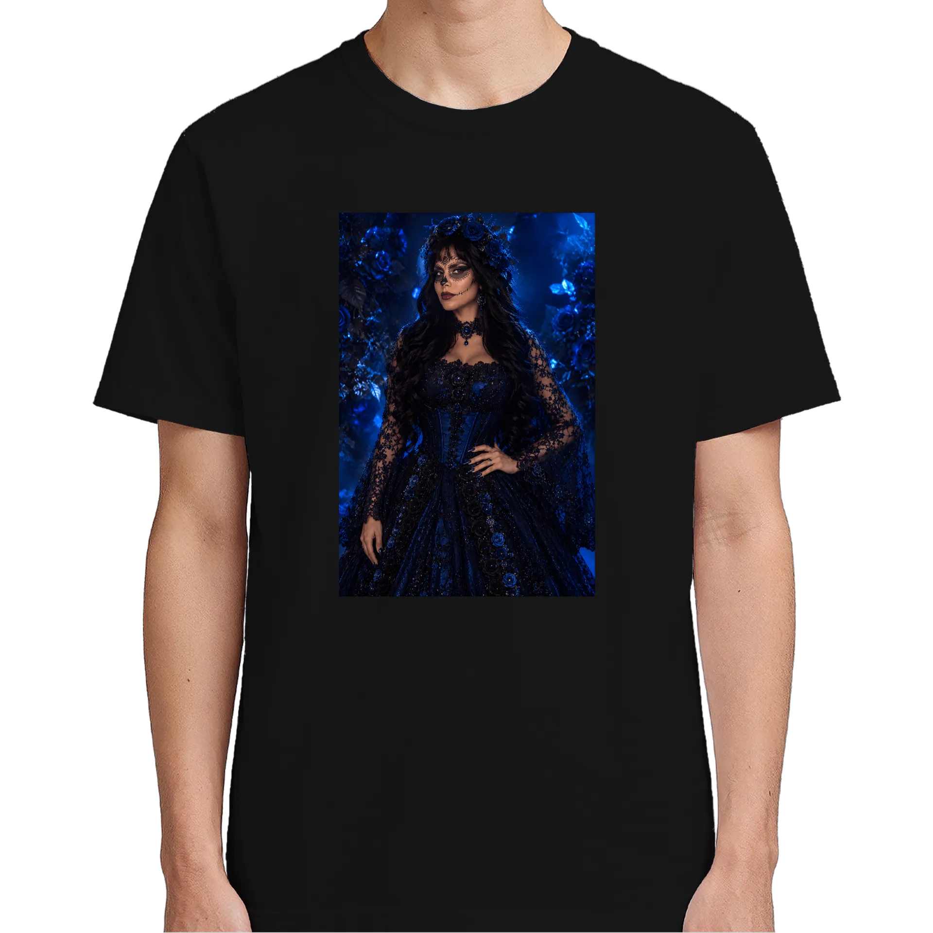 Camiseta Mulher com Maquiagem de Caveira e Rosas Azuis - Imagem 4