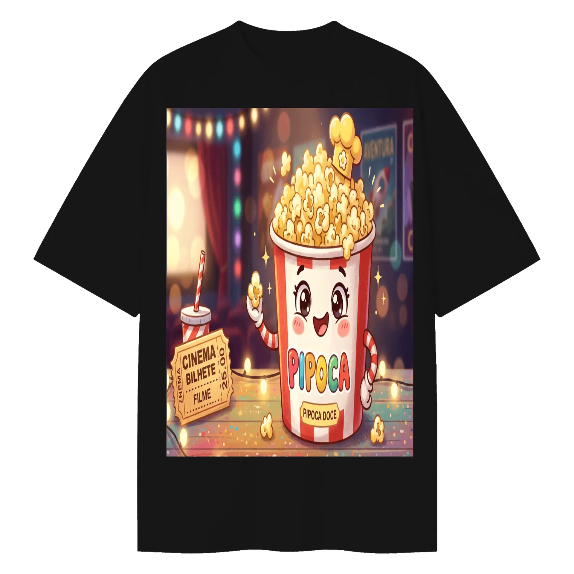 Camiseta Oversized Pipoca Doce Cartoon Cinema Colorido 50% - Imagem 1
