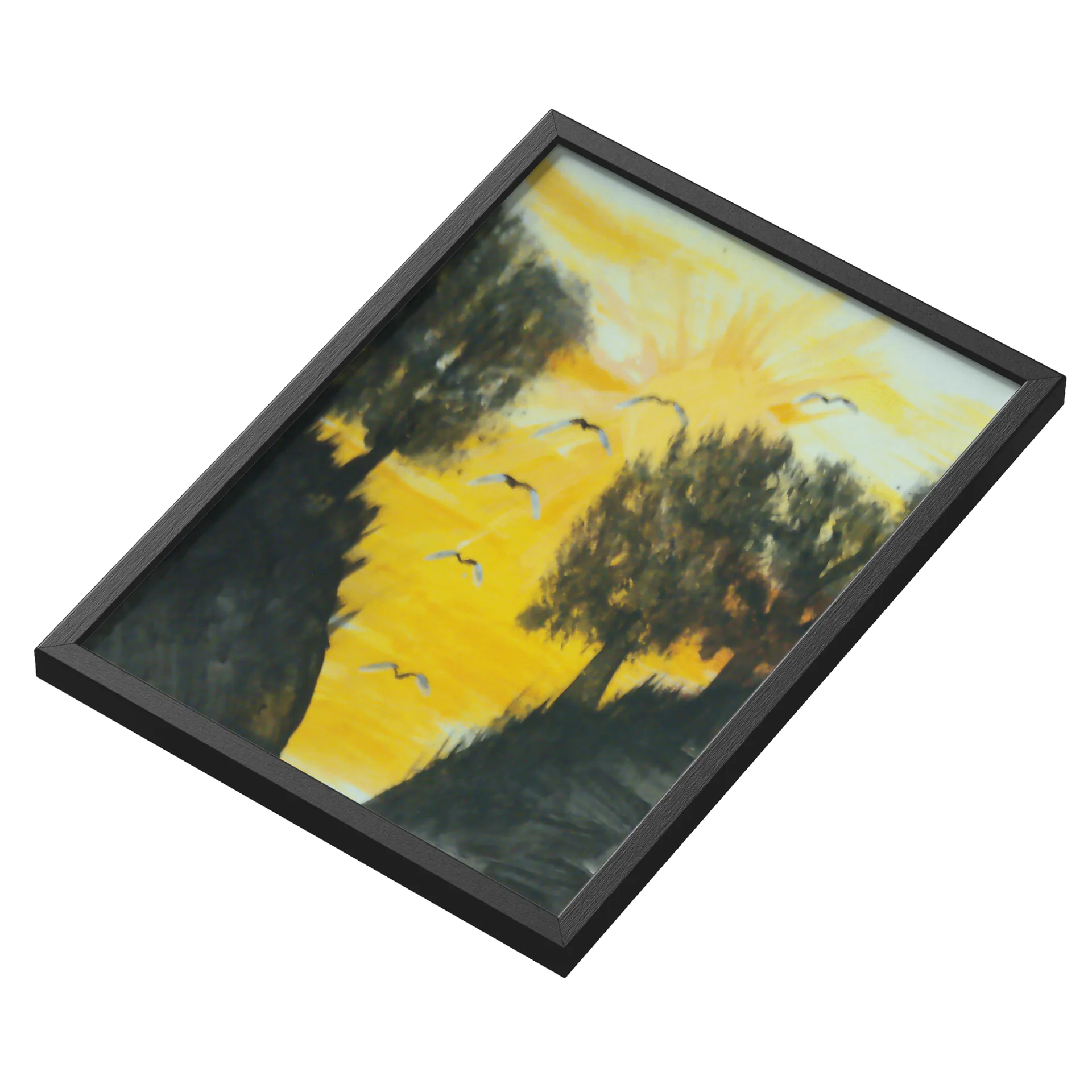 Quadro Paisagem Pintada Árvores e Pássaros A3 com Vidro - Imagem 3