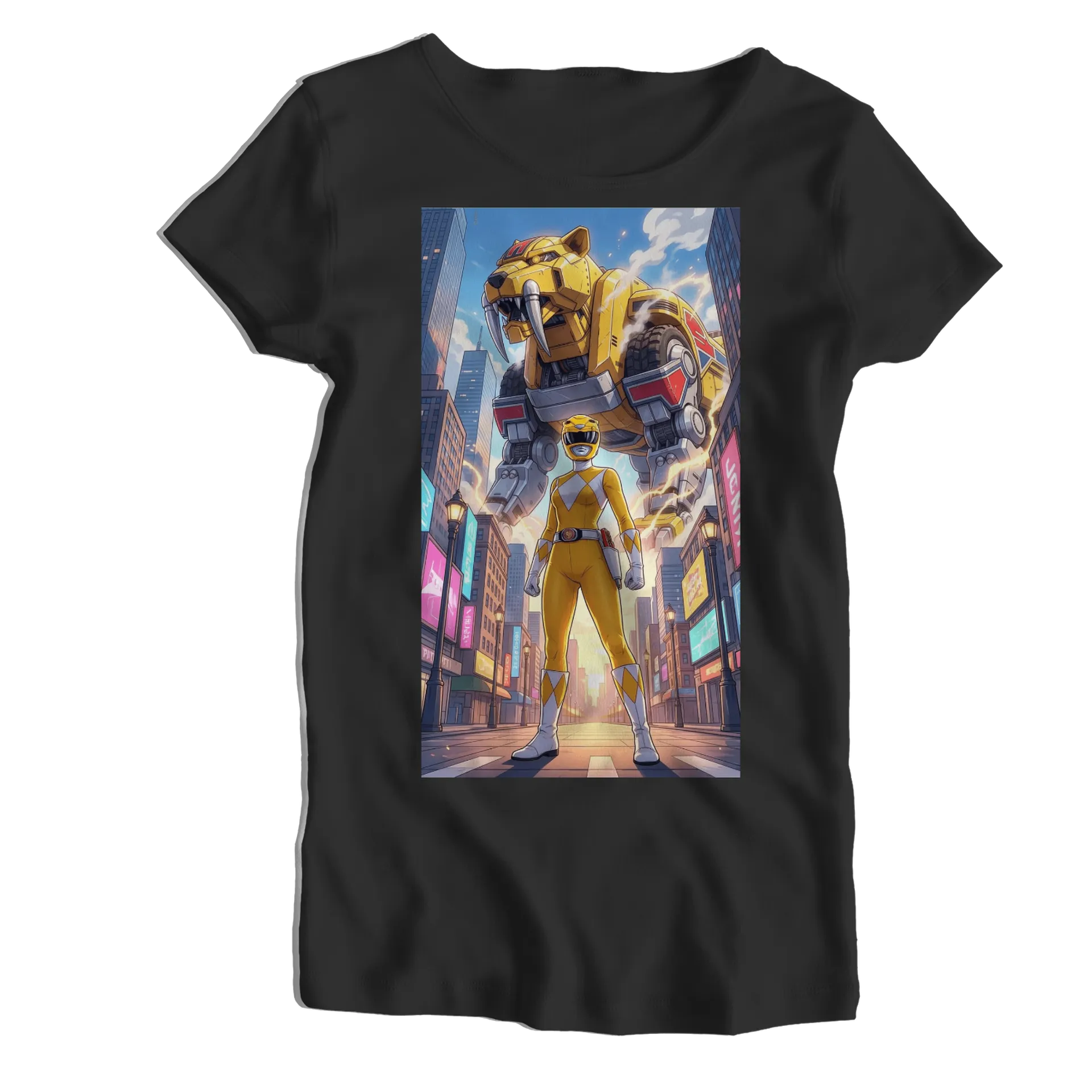 Camiseta Babylook Heroína Amarela com Robô Dinossauro 100% - Imagem 1