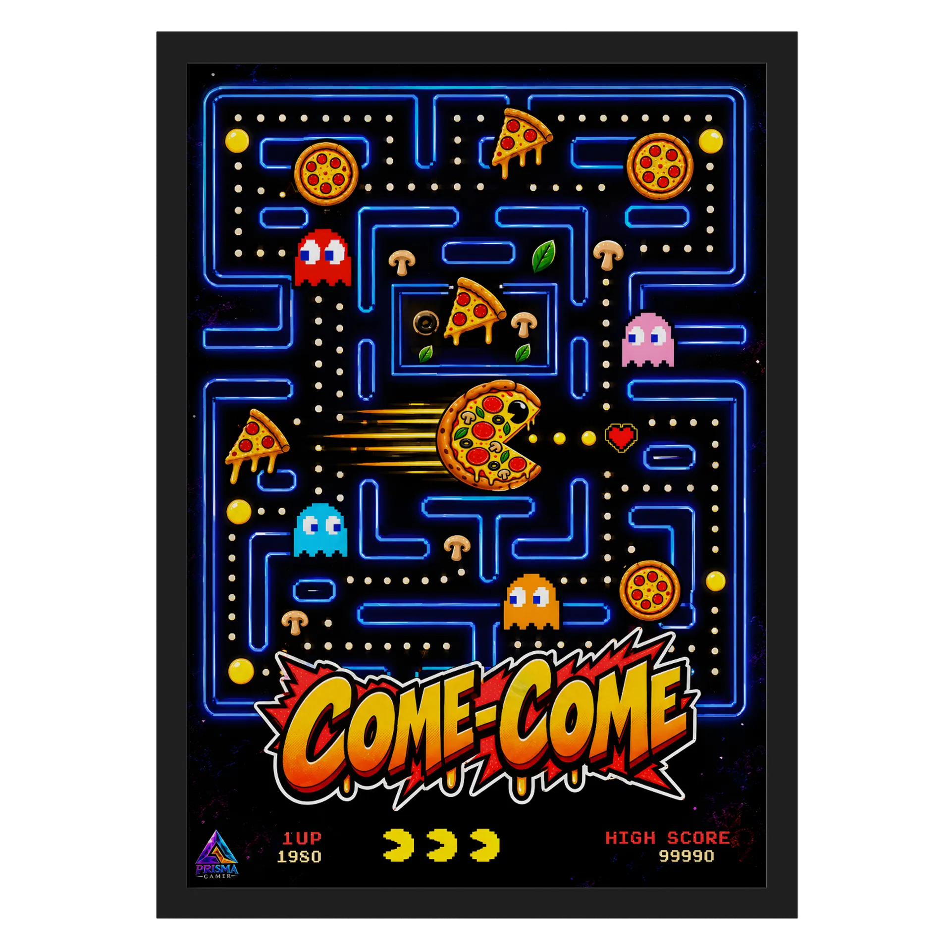 Quadro Labirinto COME-COME Pizza e Fantasmas A3 com Vidro de PRISMA GAMER — imagem 1 de 3