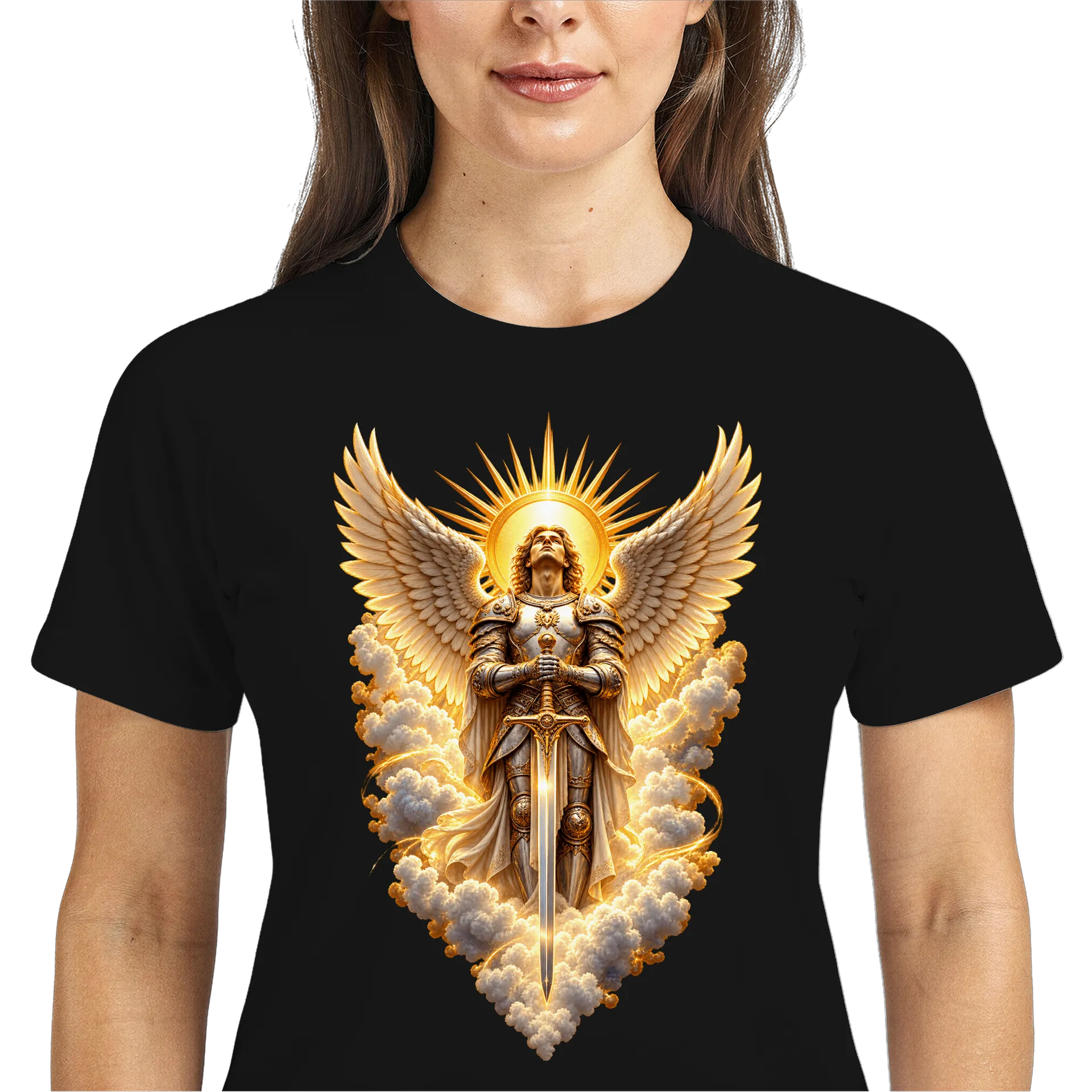 Camiseta Dry Fit Anjo Guerreiro com Asas Douradas Unissex - Imagem 3