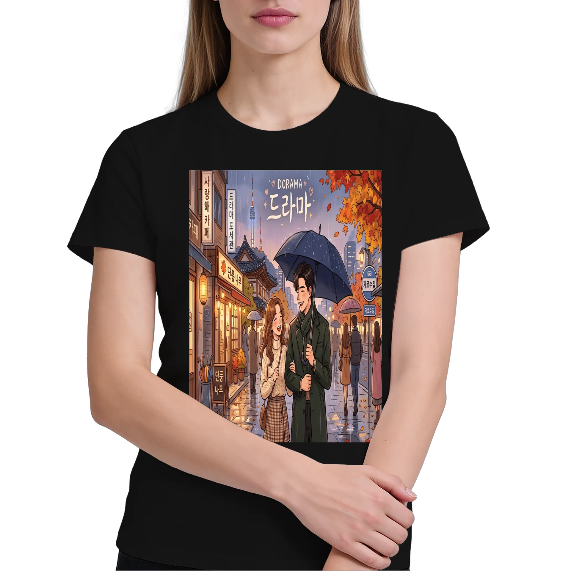 Camiseta Casal em Seul Estilo Ilustração Coreana 100% - Imagem 3