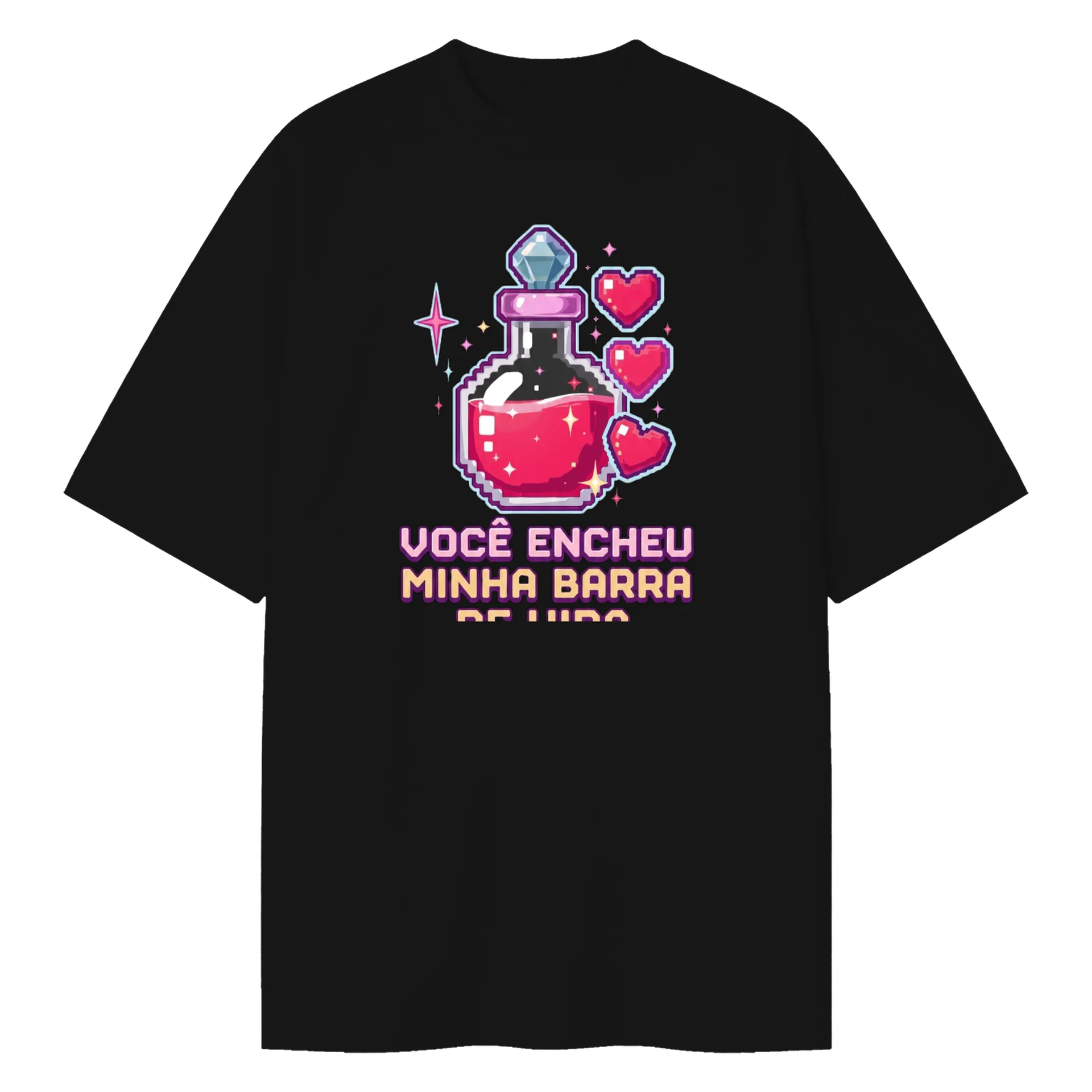 Camiseta Oversized Estampa Poção e Corações Preto de Jerry