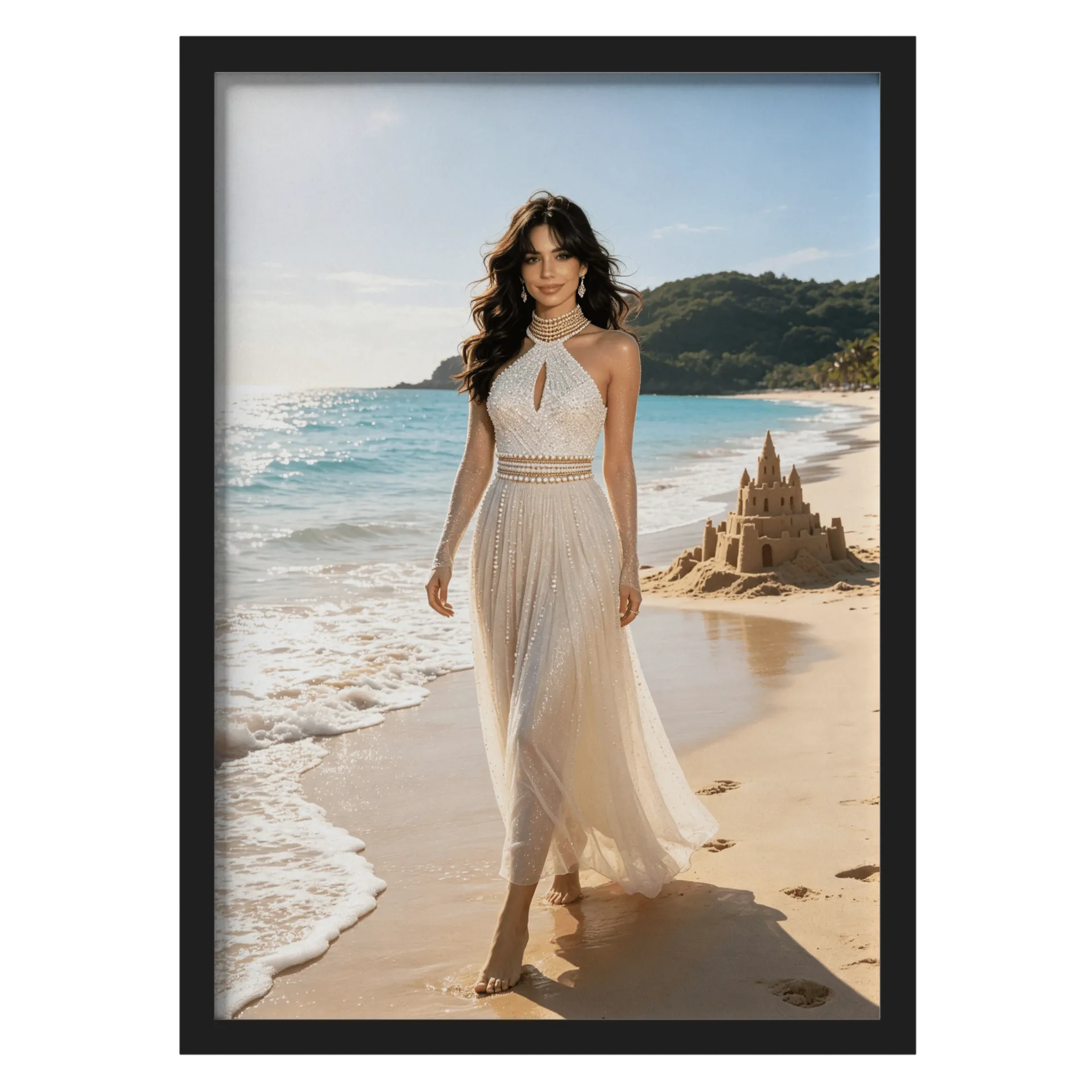 Quadro Mulher Praia Brilhante White A3 com Vidro MDF e Vidro - Imagem 1