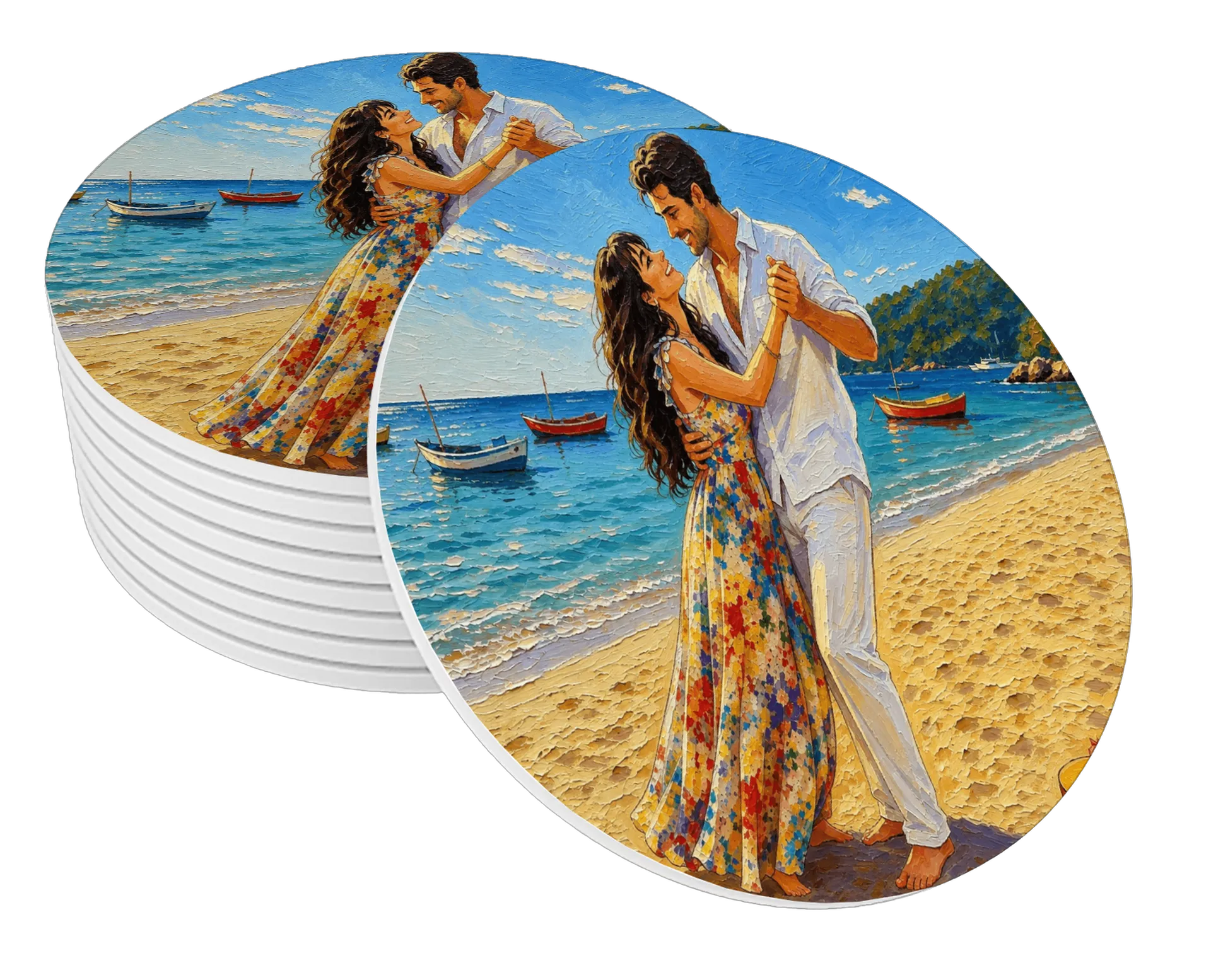 Porta-copo Praia Romance Estampa MDF 10x10cm - Imagem 1