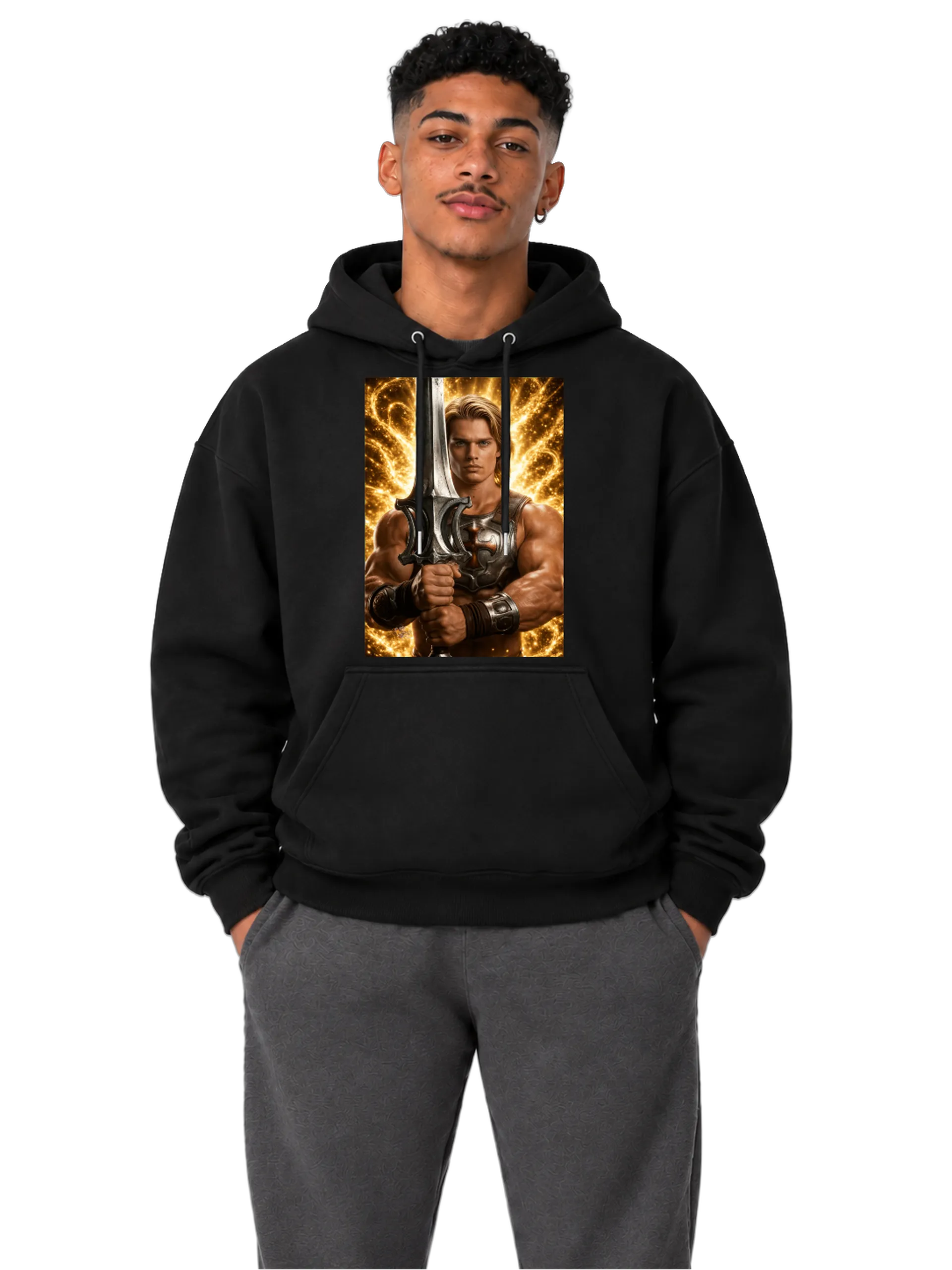 Blusa Moletom Canguru Guerreiro com Espada Realista Dourado - Imagem 3