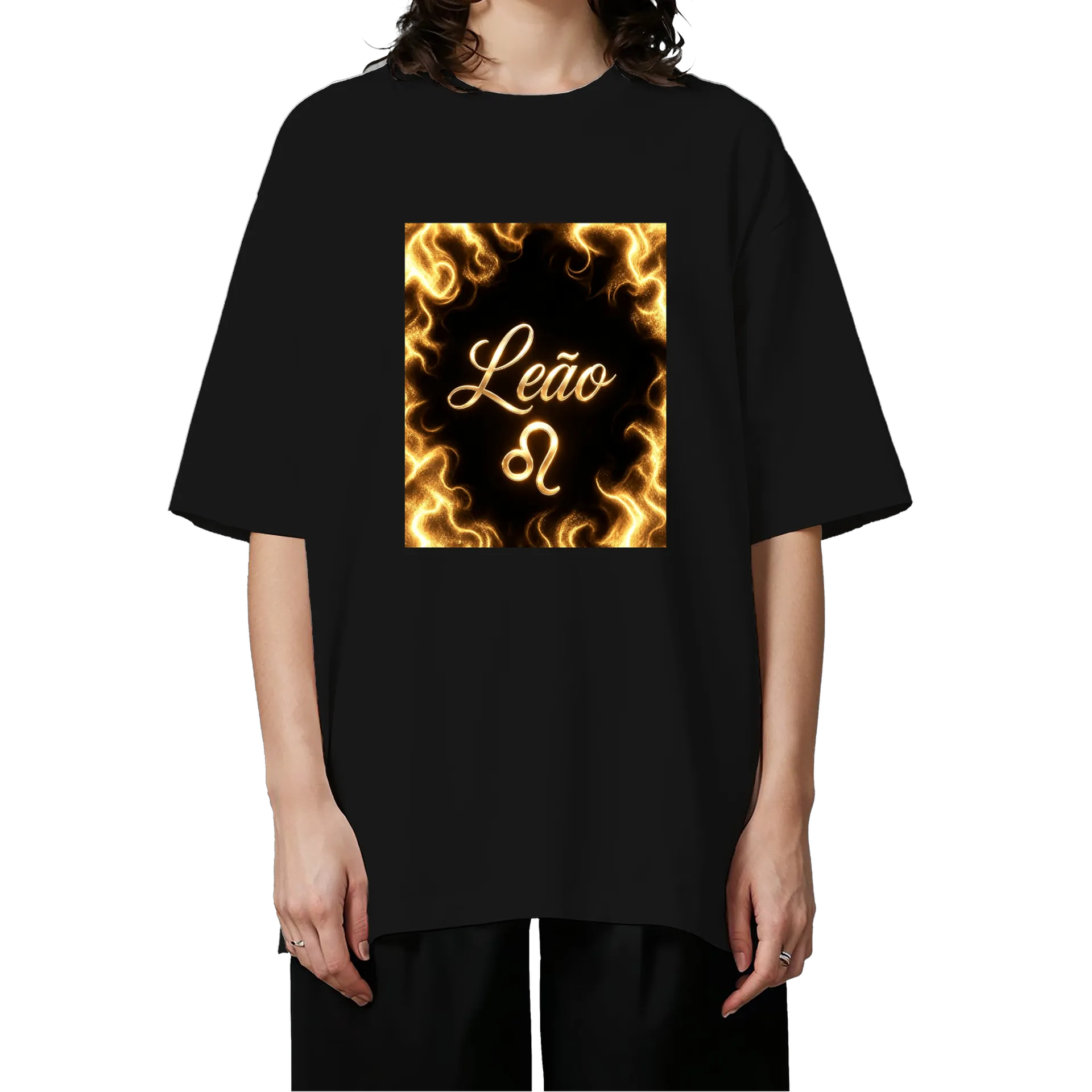 Camiseta Oversized Leão 3D Dourado Preto 100% Algodão - Imagem 3