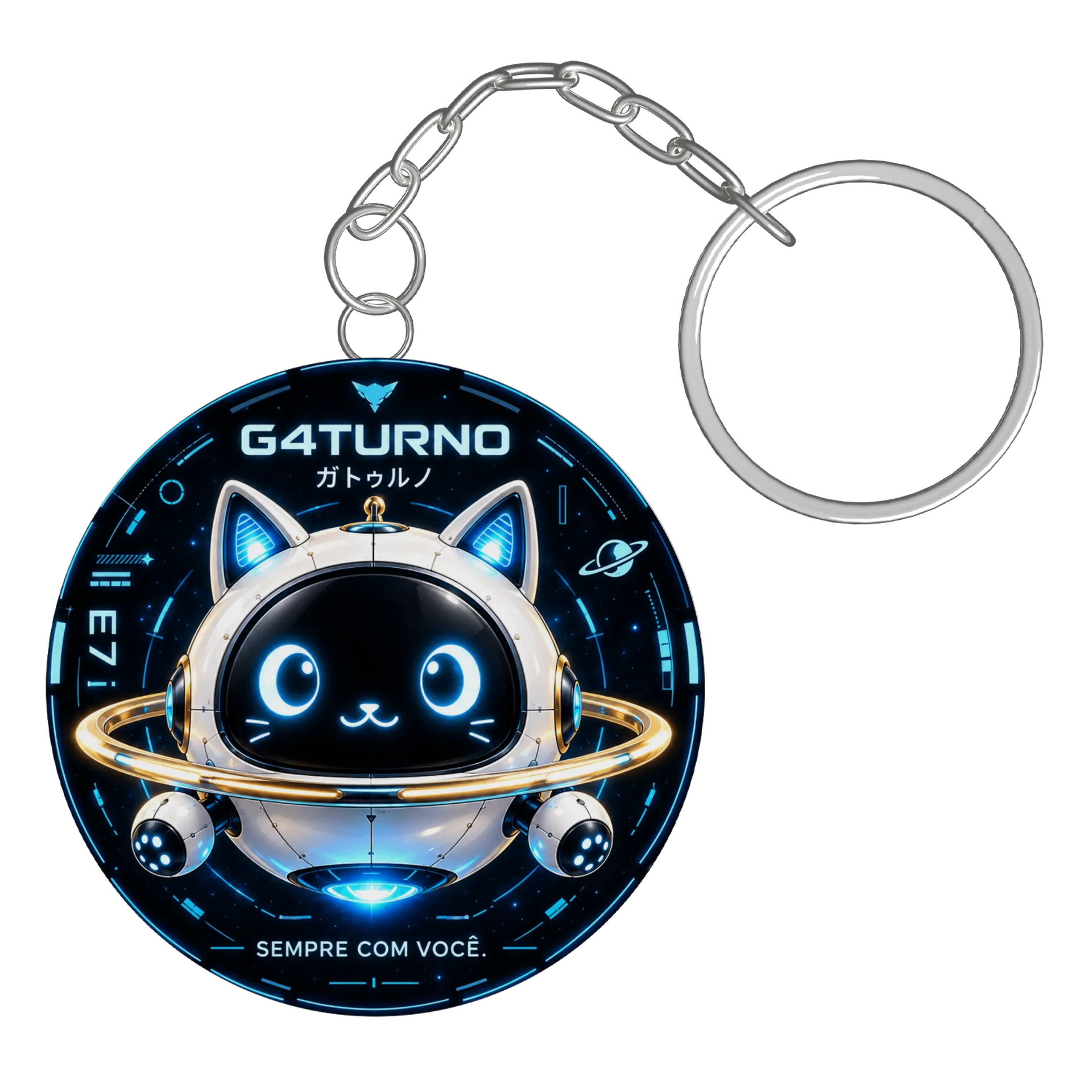 Chaveiro MDF Gato Espacial Neon Branco Azul 5x5cm - Imagem 2