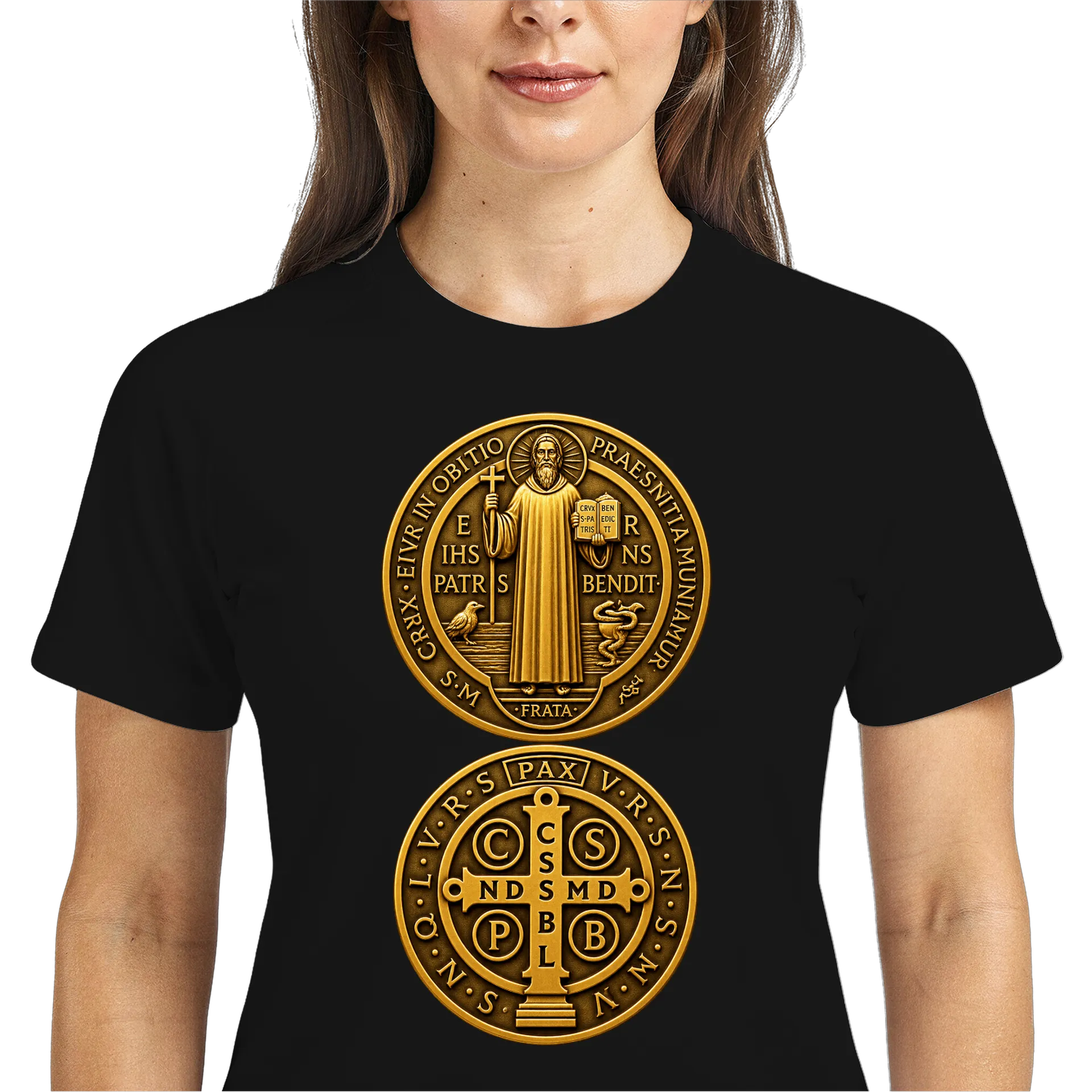 Camiseta Dry Fit Medalha de São Bento Dourada Monocromática - Imagem 3